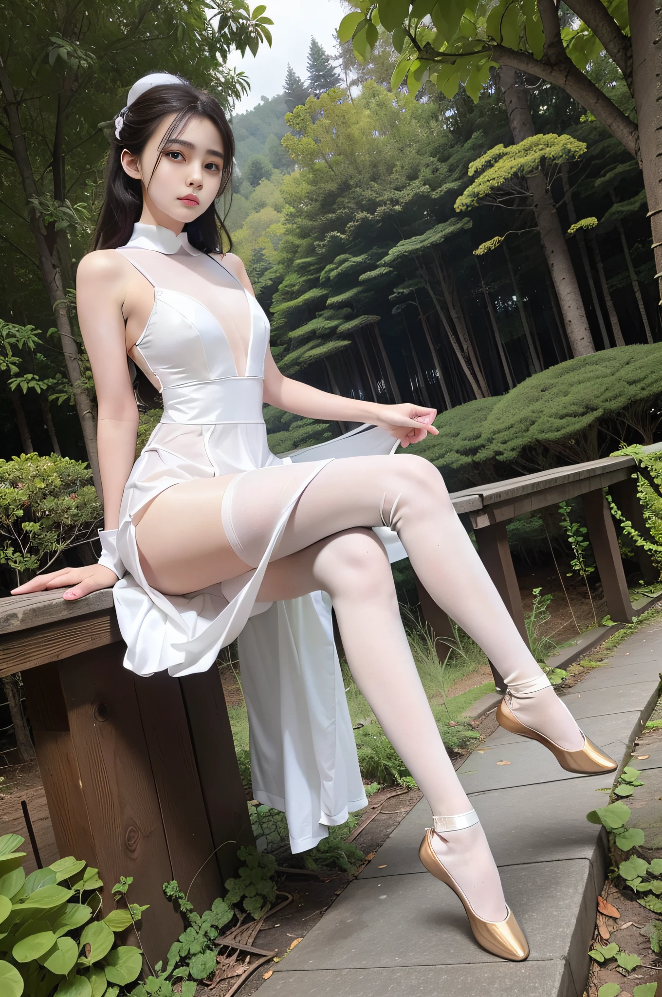 1girle，Asian，full-body shot，Long legs，solo，pretty，exquisite facial features，white ballerina，White pantyhose，Ballet，Dance ballet ，forests，hillside，Look at the camera，