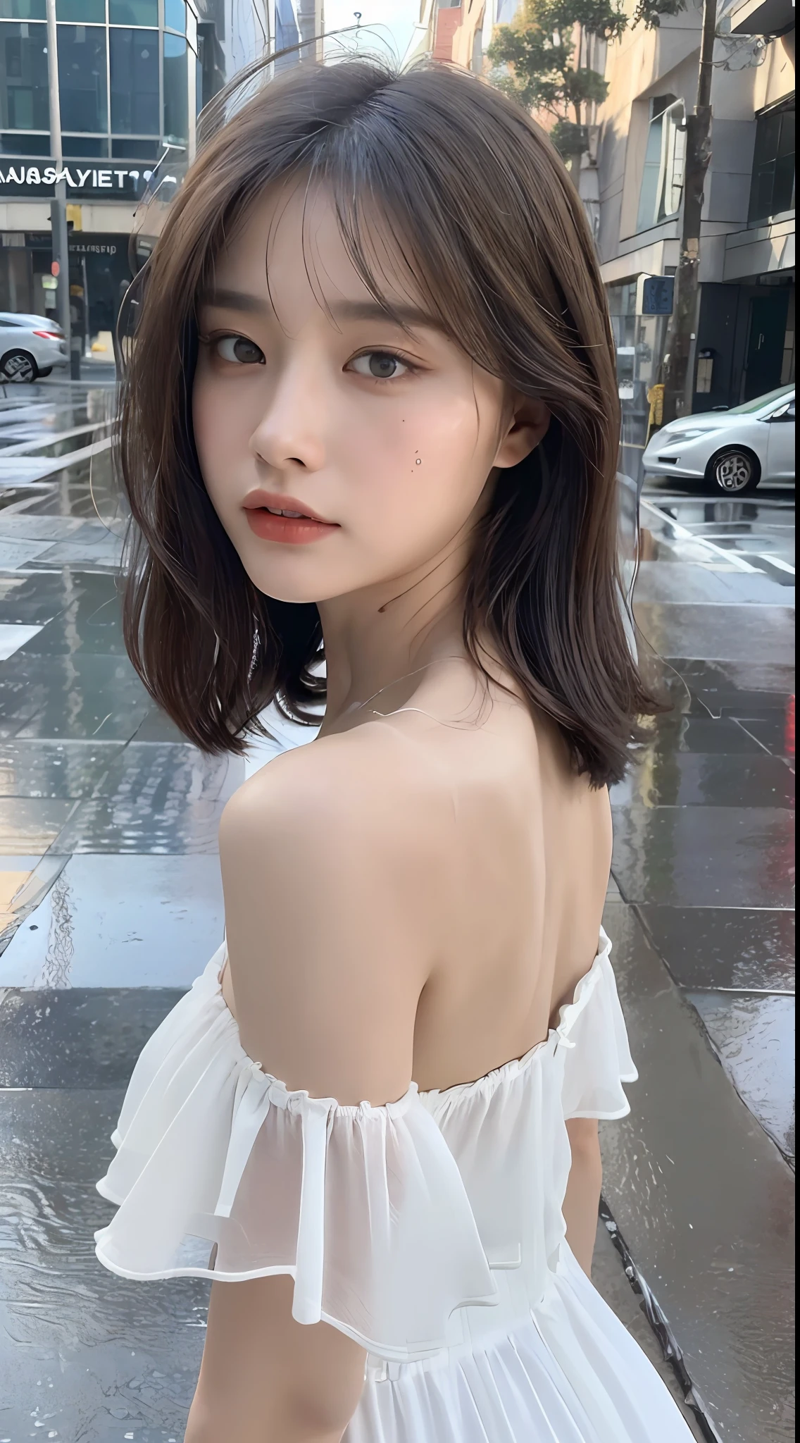 ((Best Quality, 8K, Masterpiece:1.3)), Focus:1.2, Perfect Body Beauty:1.4, Buttocks:1.2, (Layered Haircut:1.2)), (Rain, Street:1.3), Bandeau Dress:1.1, Highly Detailed Face and Skin Texture, Delicate Eyes, Double Eyelids, Whitened Skin, Long Hair, (Round Face: 1.5)