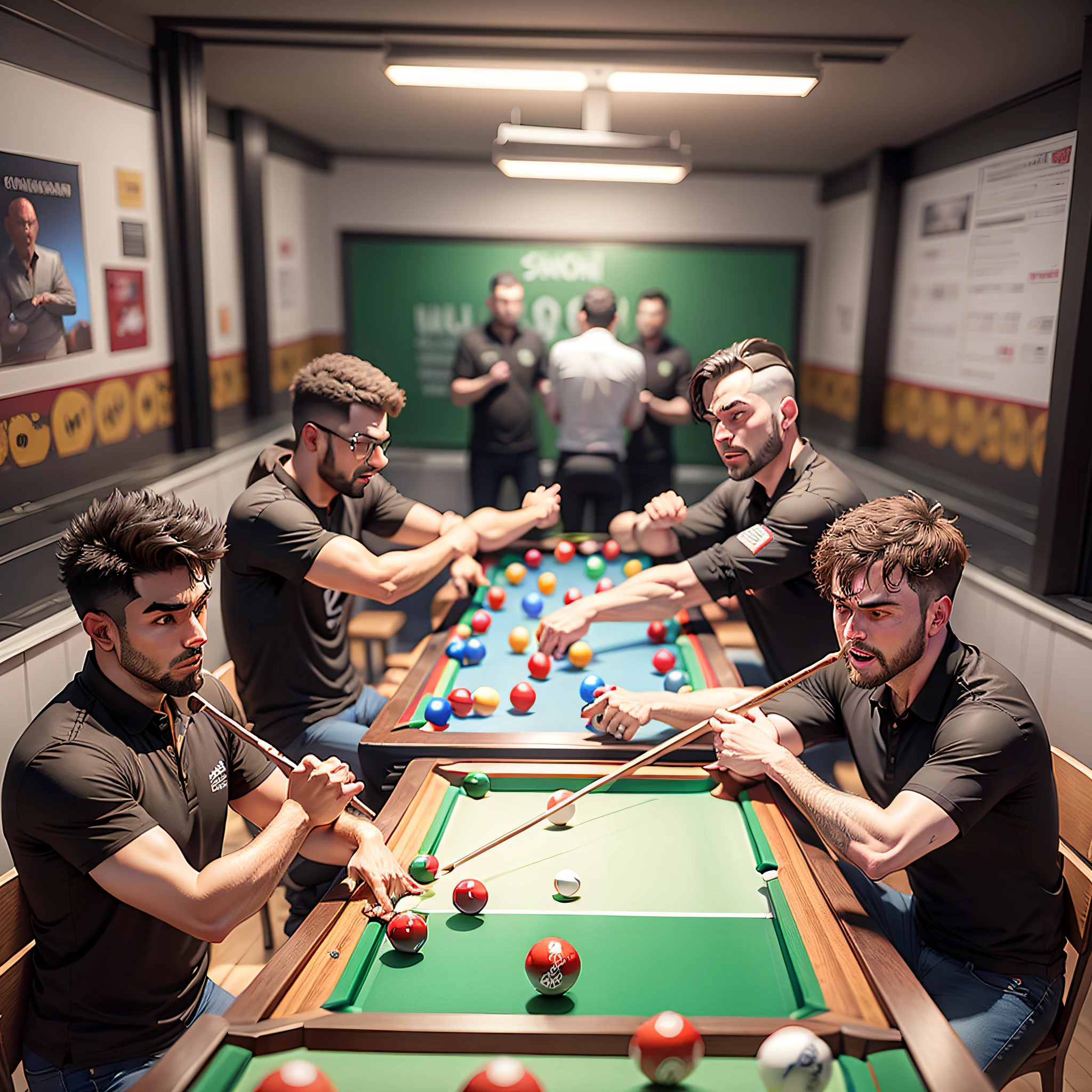 Torneio de Snooker, com pessoas ao redor torcendo, duas pessoas jogando e uma gritando que ele ganhou o torneio. , um jogar real, como vencendor --auto --s2