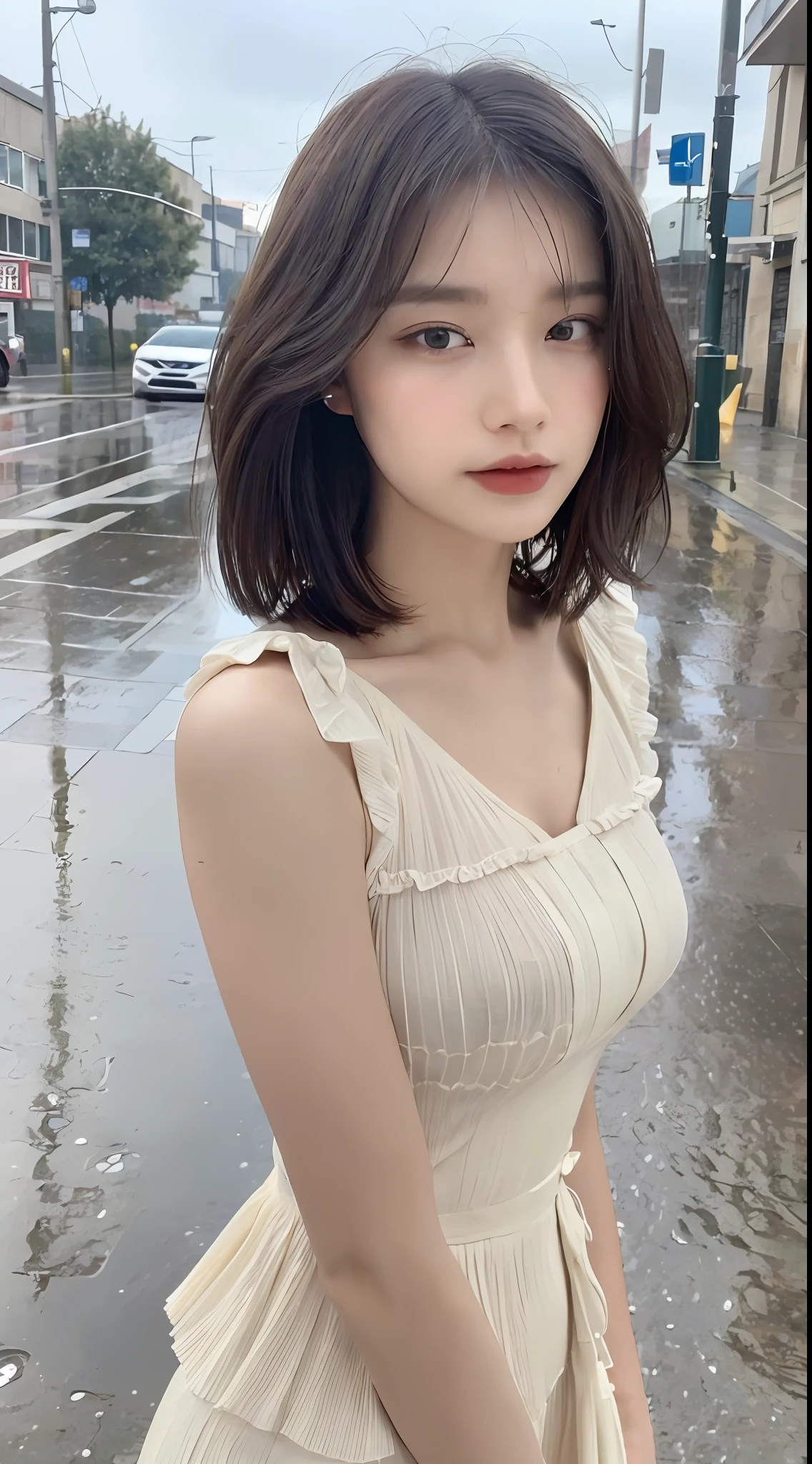 ((Best Quality, 8K, Masterpiece:1.3)), Focus:1.2, Perfect Body Beauty:1.4, Buttocks:1.2, (Layered Haircut:1.2)), (Rain, Street:1.3), Bandeau Dress:1.1, Highly Detailed Face and Skin Texture, Delicate Eyes, Double Eyelids, Whitened Skin, Long Hair, (Round Face: 1.5)