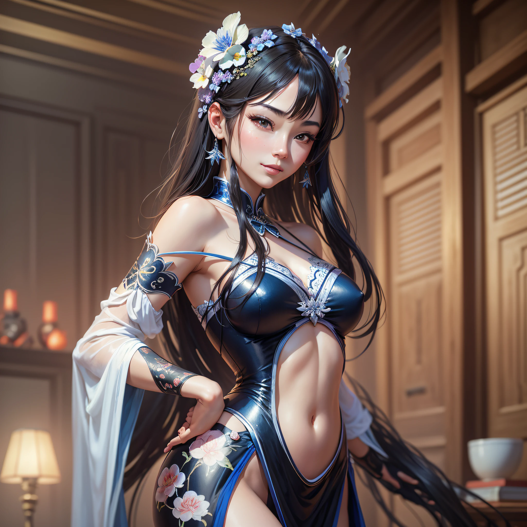 Chinese oriental fairy tale anime beauty,the most beautiful artwork in the world,In line with oriental aesthetics,The beautiful teacher stands,Slim figure,lordosis,Lace seduction,smiled,sskirt,stylish,sex appeal,cute and playful,Ed Brinkie,Professional majestic oil Atey Ghhailan's painting,studio ghibli,Jeremy Mann,Greg Manchess,Paintings by Antonio Moro,Trends on ArtStation,Trends on CGSociety,Wheels within wheels,highdetail,sharp focus,The art of photographic painting by Midjourney and Greg Rutkowski (8k, best quality, MASTERPIECE:1.2), (realistic, photo-realistic:1.2)1girl, perfect face, perfect eyes,pureerosface_v1, blue hanfu, ming style,(full body:1.2), --auto --s2