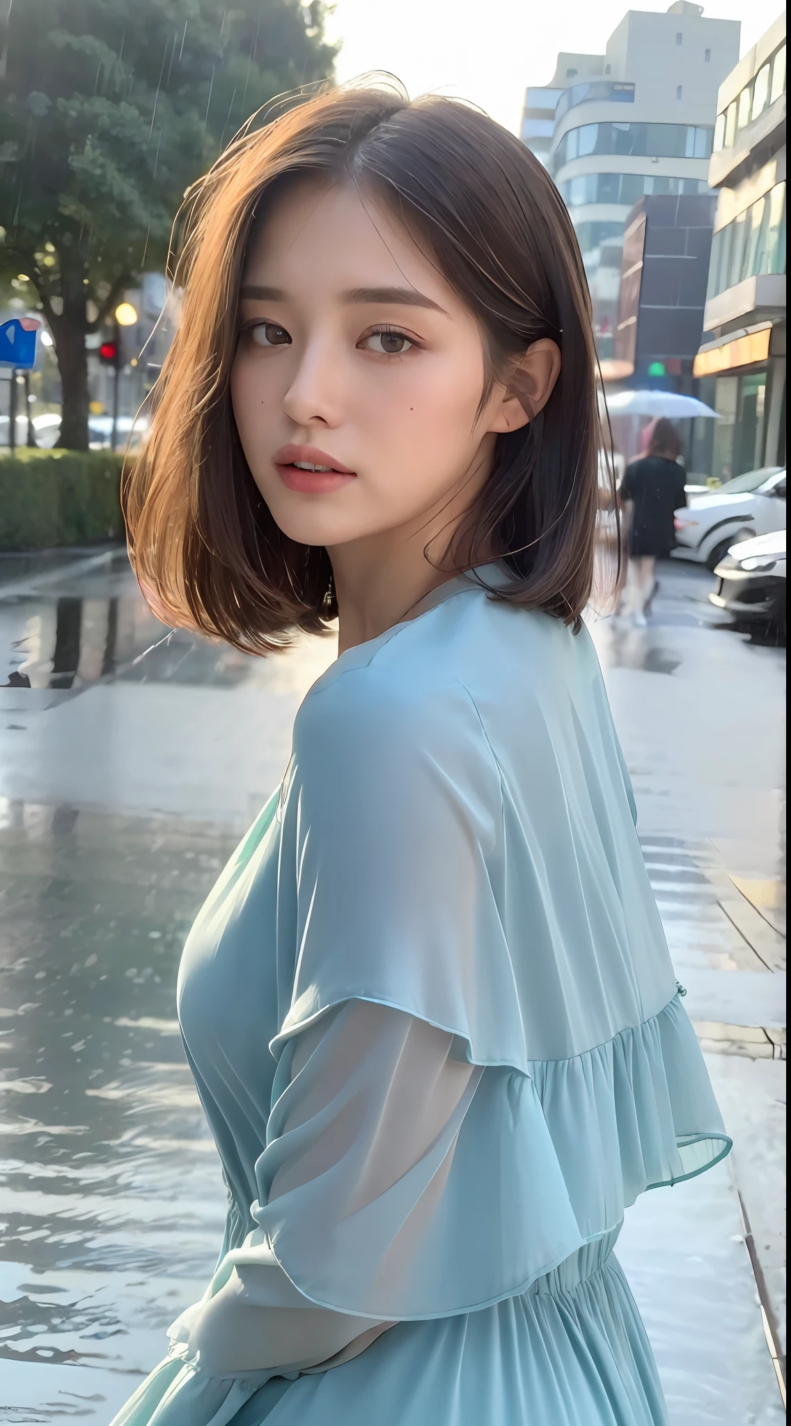 ((Best Quality, 8K, Masterpiece:1.3)), Focus:1.2, Perfect Body Beauty:1.4, Buttocks:1.2, (Layered Haircut:1.2)), (Rain, Street:1.3), Bandeau Dress:1.1, Highly Detailed Face and Skin Texture, Delicate Eyes, Double Eyelids, Whitened Skin, Long Hair, (Round Face: 1.5)