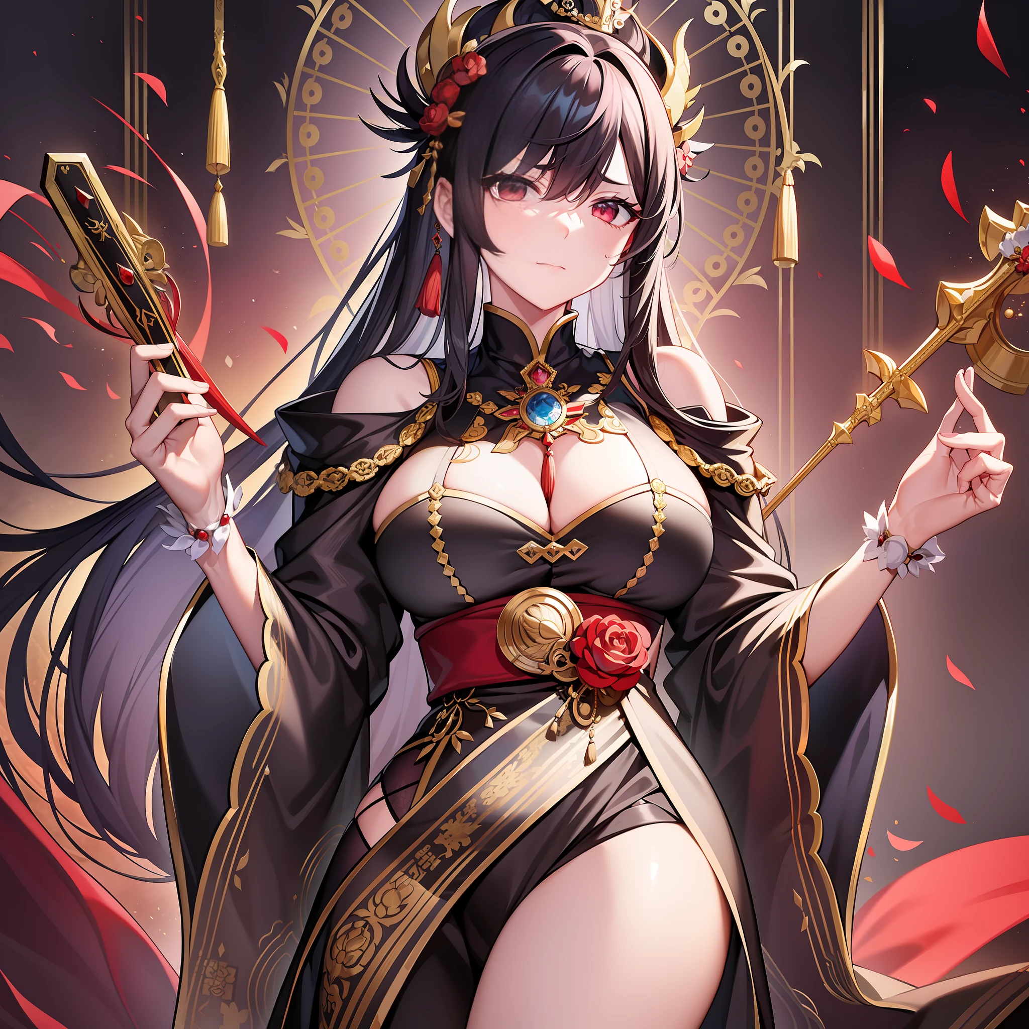 In this palace full of magnificent magnificence，A dark-haired female emperor who is biting her finger appears in the center of the picture。 She wore a robe，Holding aloft a quill pen，But he was a little upset and bit his index finger with his other hand，Frowning tightly，Gaze at the document in front of you，it's as if you're faced with an extremely difficult problem，Very irritable。 The tone of the whole picture is mainly red and black，The image of the nobility and majesty of this female emperor is highlighted。In the background are several temples and ornate decorations，It also highlights the status and power of the female emperor。 This female emperor through her expressions and body language，Exhibits a sense of self-restraint and anxiety。She looks proud and cold on the surface，But her restlessness and irritability could be seen in her fingers。Although she tried very hard to hide her emotions，But it can't hide the emotional fluctuations she produces when she faces difficult problems。 The whole picture is full of a kind of politics、A complex feeling of power and inner emotions，It also reflects the challenges and pressures that women politicians face in such a powerful and stressful environment。The emperor makes viewers feel her loneliness as a ruler、Boring，At the same time, it also shows that she is in power at the same time，The costs and challenges involved