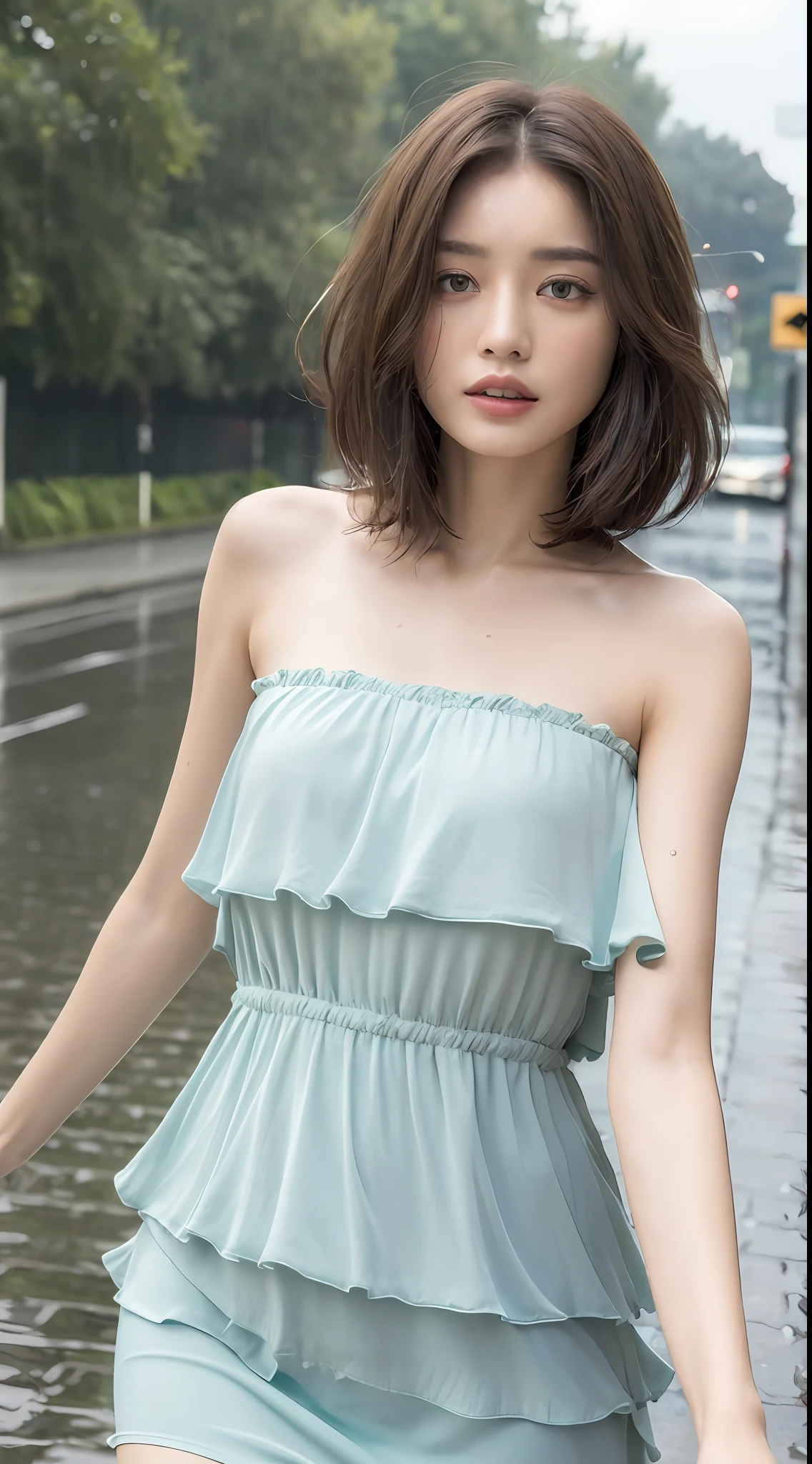 ((Best Quality, 8K, Masterpiece:1.3)), Focus:1.2, Perfect Body Beauty:1.4, Buttocks:1.2, (Layered Haircut:1.2)), (Rain, Street:1.3), Bandeau Dress:1.1, Highly Detailed Face and Skin Texture, Delicate Eyes, Double Eyelids, Whitened Skin, Long Hair, (Round Face: 1.5)
