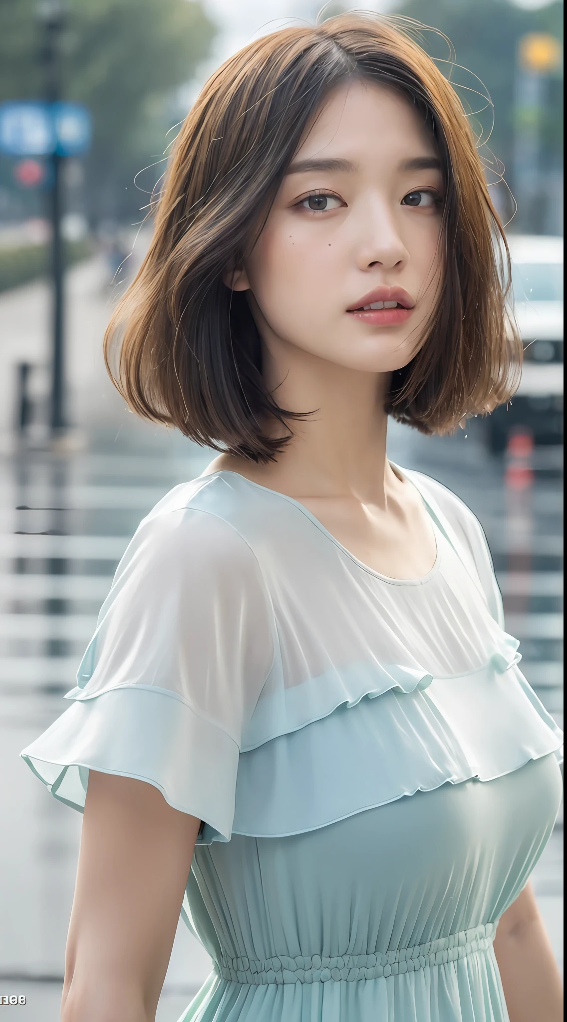 ((Best Quality, 8K, Masterpiece:1.3)), Focus:1.2, Perfect Body Beauty:1.4, Buttocks:1.2, (Layered Haircut:1.2)), (Rain, Street:1.3), Bandeau Dress:1.1, Highly Detailed Face and Skin Texture, Delicate Eyes, Double Eyelids, Whitened Skin, Long Hair, (Round Face: 1.5)