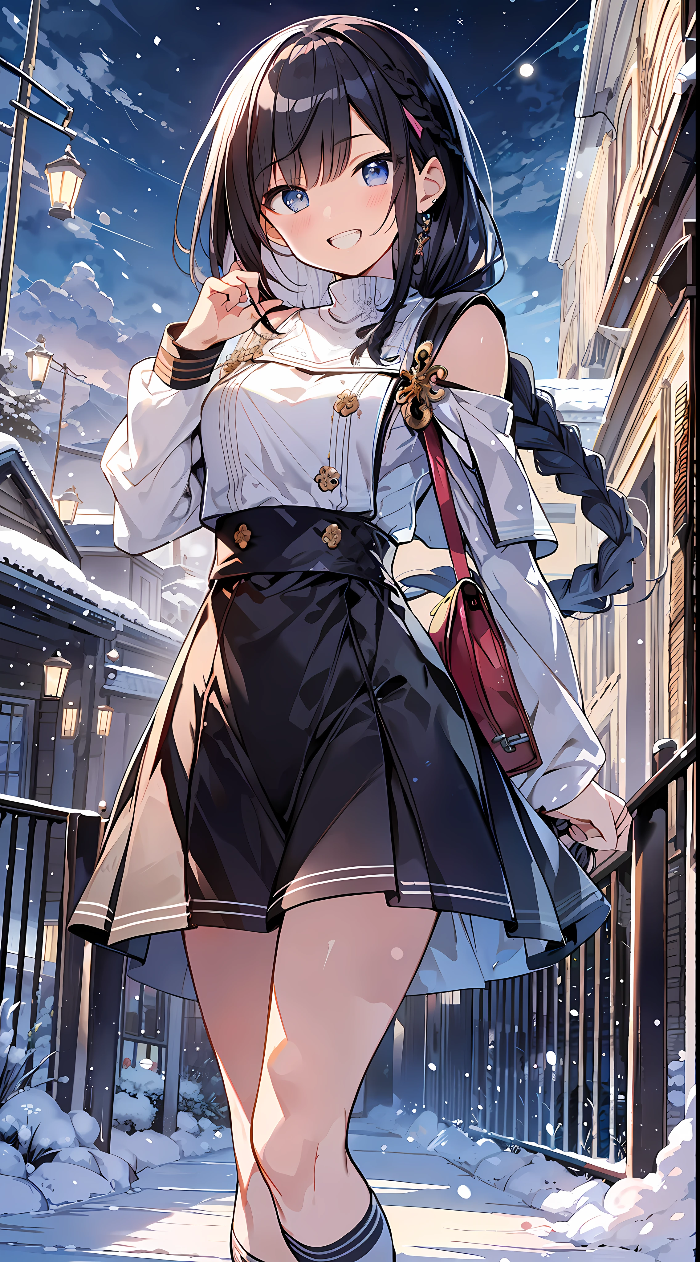 Best Quality, Best Masterpiece, Ultra High Definition, 8k, ((Winter Clothes)), Shojo Manga Style Loli, Single, Soft Line Art, Digital Enhancement, Shojo Manga Touch, Shojo Manga Core, Flowing Fabric, Close Up, ((Hair length to shoulder and short braid)), staring at us from the front, soft drawing, Beautiful black hair, Clear eyes, grin, teeth, wide mouth, ultra-detailed digital anime art, clear face depiction, ultra-detailed shoujo manga character art, ultra-detailed manga style, top quality colors, hand gestures, foot-up angles, scenery with nature