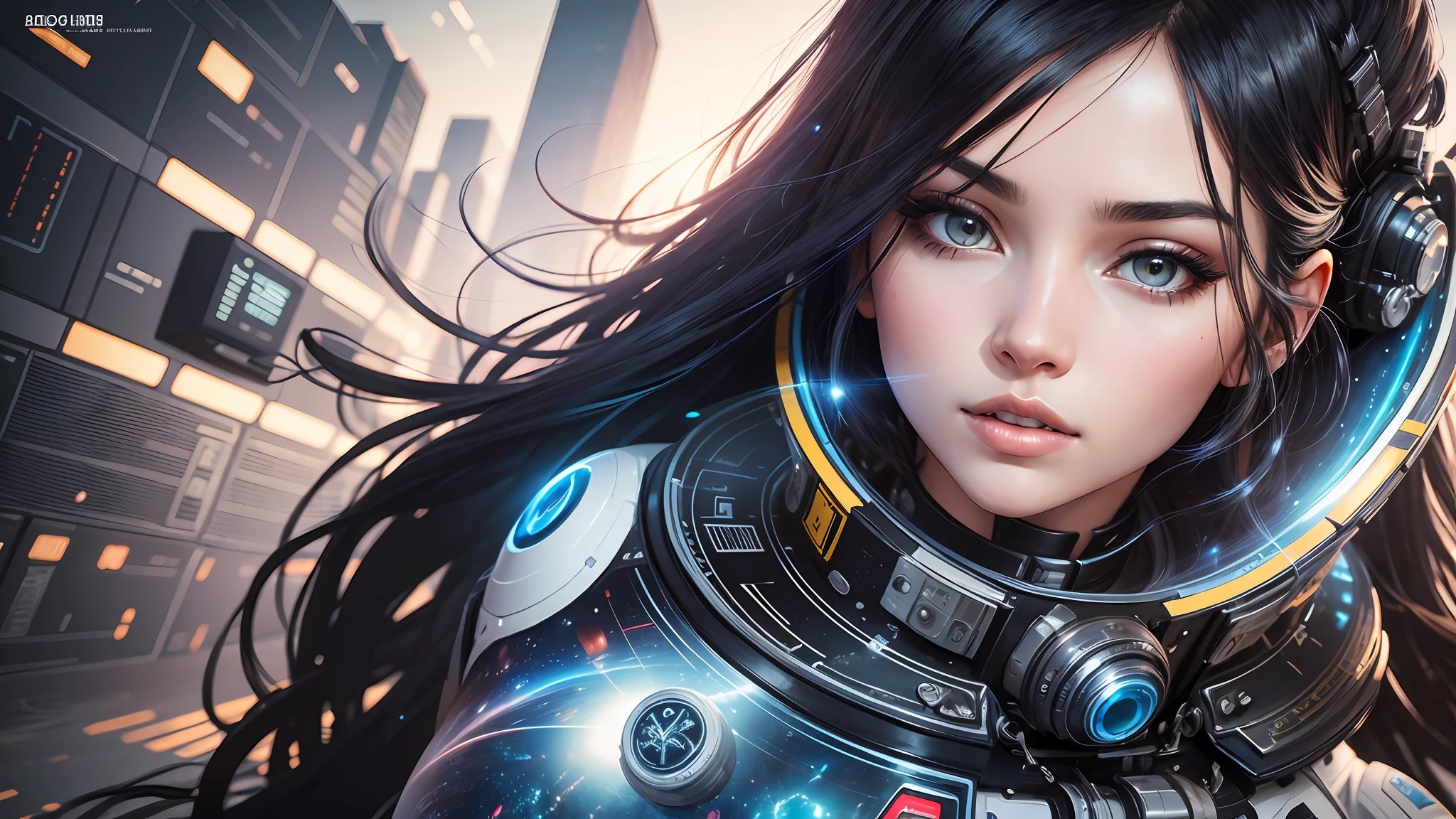 beautiful and sexy woman with long black hair, dressed in space suit, realistic skin texture, realistic photo, futuristic city background, --auto --s2
