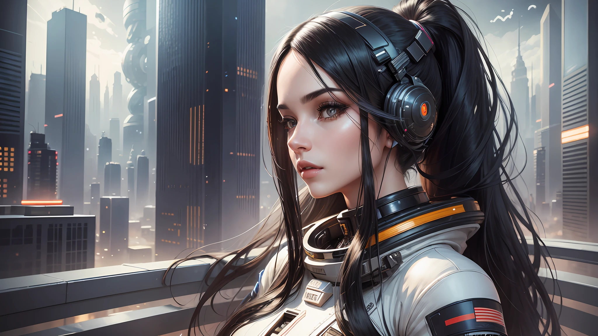 beautiful and sexy woman with long black hair, dressed in space suit, realistic skin texture, realistic photo, futuristic city background, --auto --s2