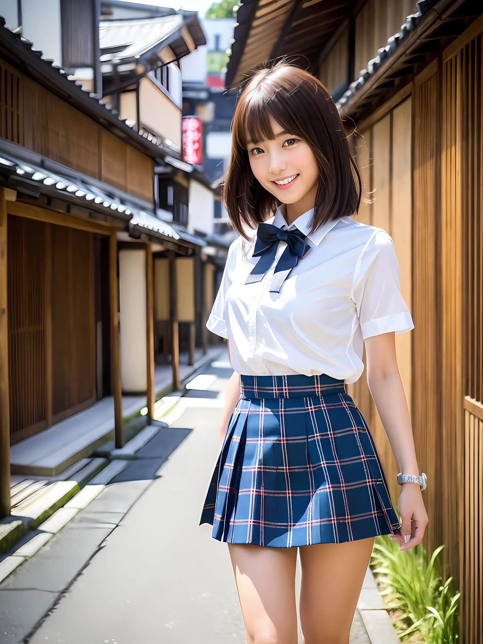 masterpiece, a Japanese young pretty woman, glamorous figure, wearing a short sleeves white collared shirt with shiny satin-red bow tie, knee length blue tartan plaid skirt, short length white socks, leather black shoes, carrying a black shoulder bag, absolutely pretty face, double eyelids in both eyes, Natural makeup, long eyelashes, shiny smooth light brown hair of medium length, asymmetrical bangs, tanned skin, Looking at the camera, walking alone with big smile on the old street in Kyoto, head frame, central image, Front View, 8K resolution, high detail, detailed hairstyle, Detailed Face, Black Eyes, spectacular cinematic lighting, octane rendering, vibrant, hyper realistic, perfect limbs, perfect anatomy