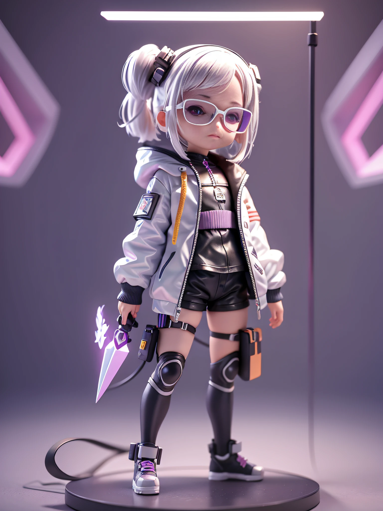 blind box,plastic toy,3D toys,IP model,A cute and stylish little girl, White hair, Wear tech goggles, Wear a holographic glowing translucent jacket, Holding a purple-glowing combat dagger in his hand, There are a lot of decorations on the clothes, Precision mechanical components, Glossy material, Cyberpunk, Futurism,Pixar,resin material,full body,full Shot,Simple background,display lighting ,volumetric lighting,3d,c4d,oc render,volume rendering,extremely detailed details,HDR,8K Resolution