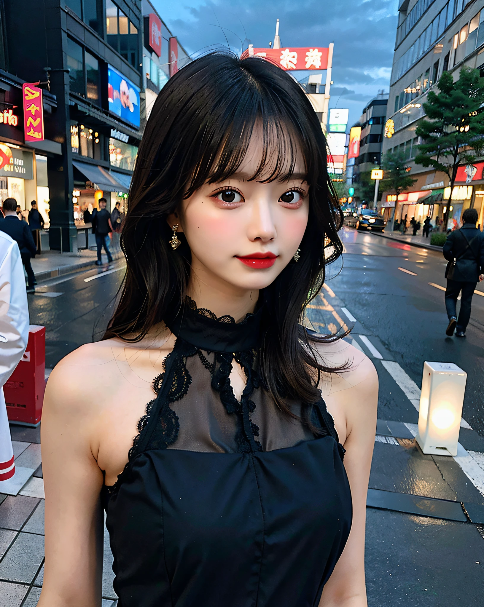bestquality、Highres、8k、Girl 1 Mature Mature Woman Person、(Huge breasted)、During the Day、Bright、out door、(Street:0.8)、(People々、crowds:1)、(Lace) -trimmed dress:1.5、Light Black Clothing:1.5、Black High Neck Dress:1.5、sleeveless dress、Black Dress:1.5)、Luxury、(medium Hair)、beautiful detailed sky、beautiful earrings、(Dynamic Pose:0.8)、 (upper Body:1.2)、Illuminated by soft、Wind、Lustrous skin、line of sight、