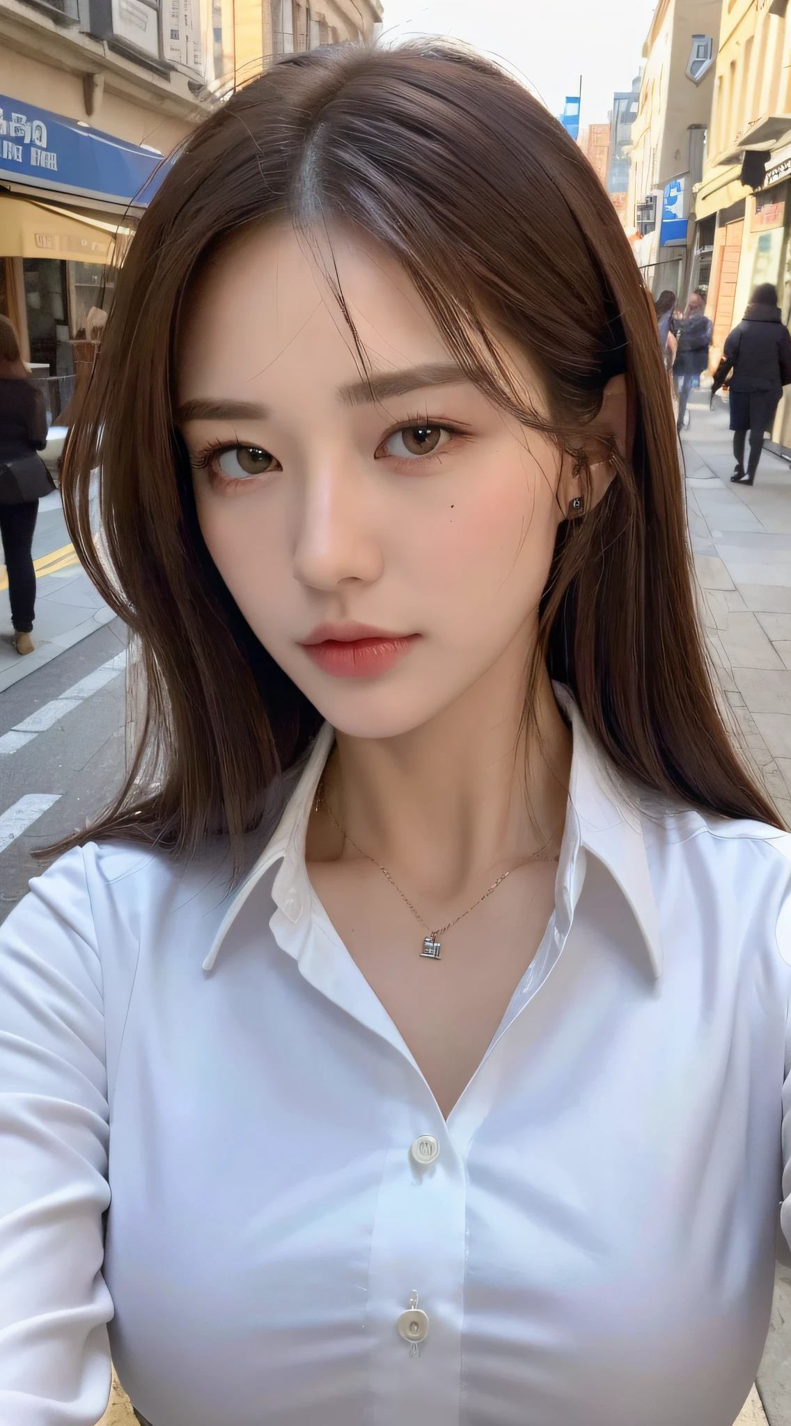 ((Best quality, 8k, Masterpiece :1.3)), Sharp focus :1.2, A pretty woman with perfect figure :1.4, Slender abs :1.2, ((Dark brown hair, Big breasts :1.2)), (White button up long shirt :1.1), City street:1.2, Highly detailed face and skin texture, Detailed eyes, Double eyelid