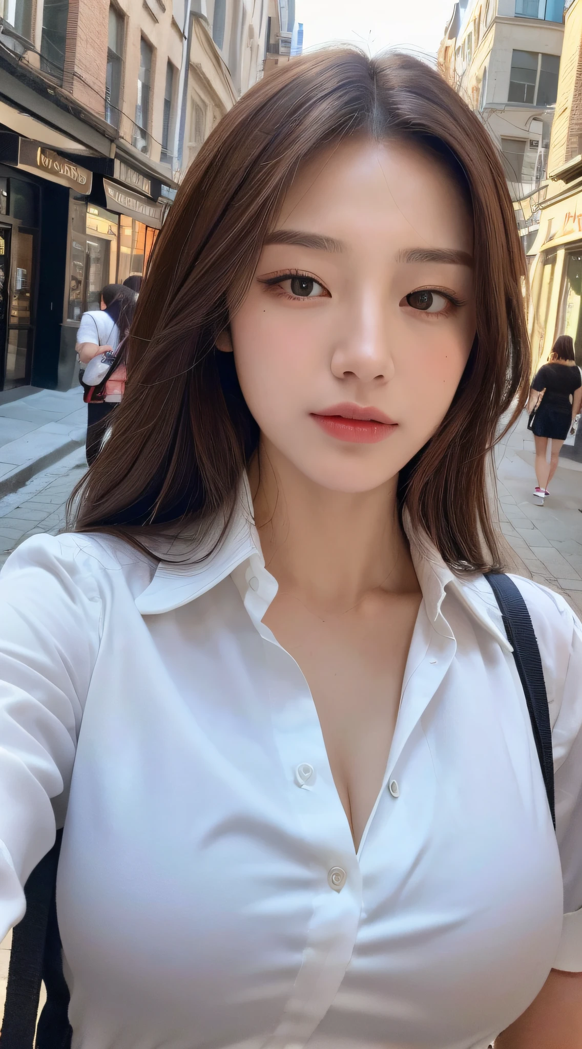 ((Best quality, 8k, Masterpiece :1.3)), Sharp focus :1.2, A pretty woman with perfect figure :1.4, Slender abs :1.2, ((Dark brown hair, Big breasts :1.2)), (White button up long shirt :1.1), City street:1.2, Highly detailed face and skin texture, Detailed eyes, Double eyelid