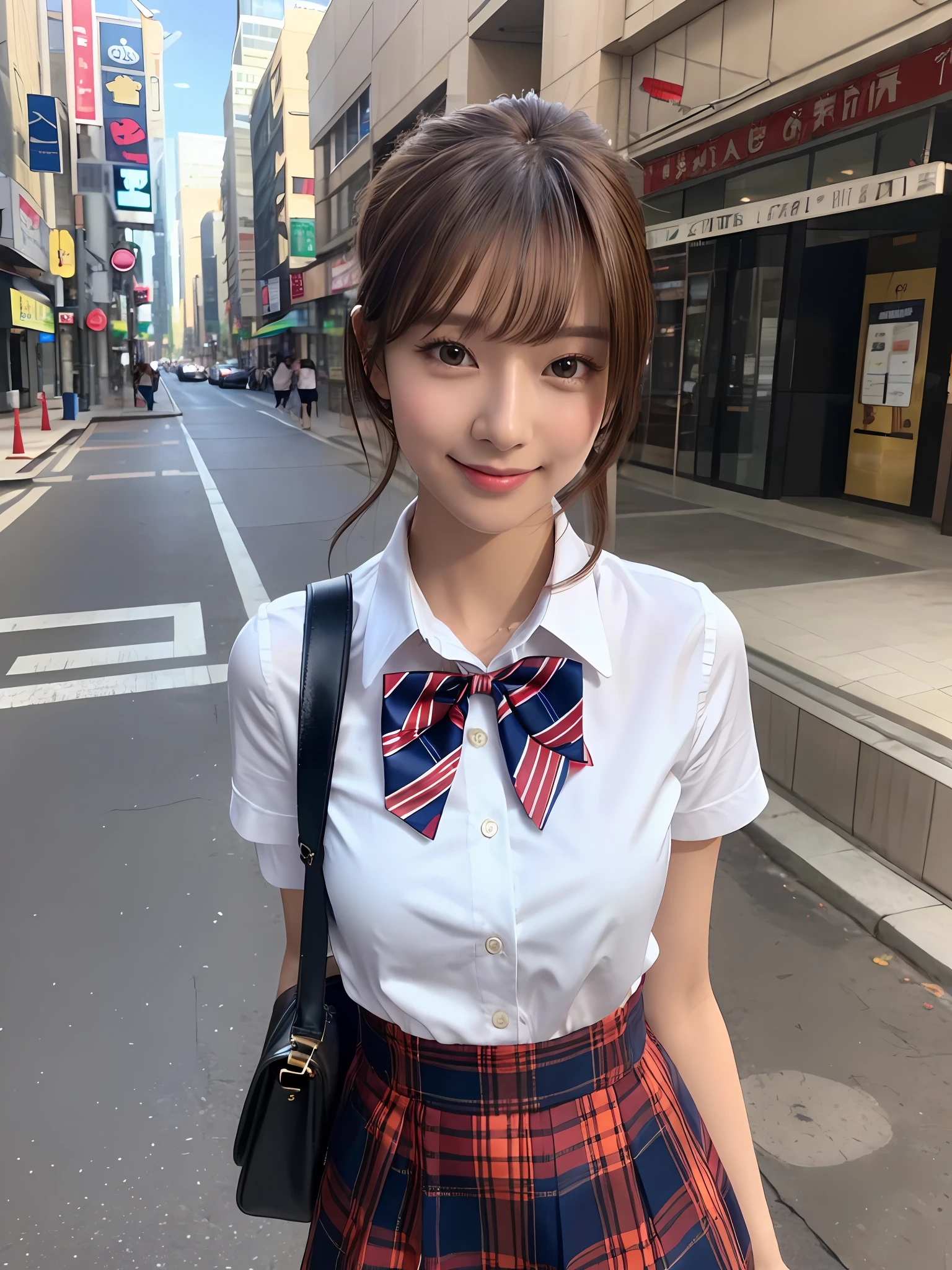 masterpiece, upper body shot, a Japanese young pretty woman, glamorous figure, wearing a short sleeves white collared shirt with shiny red satin bow tie, a blue tartan plaid skirt, short length white socks, leather black shoes, carrying a big tort bag, absolutely pretty face, double eyelids in both eyes, Natural makeup, long eyelashes, shiny smooth light brown hair of medium length, asymmetrical bangs, tanned skin, Looking at the camera, walking alone with big smile on the scrambled crossing in a big city, head frame, central image, Front View, 8K resolution, high detail, detailed hairstyle, Detailed Face, Black Eyes, spectacular cinematic lighting, octane rendering, vibrant, hyper realistic, perfect limbs, perfect anatomy