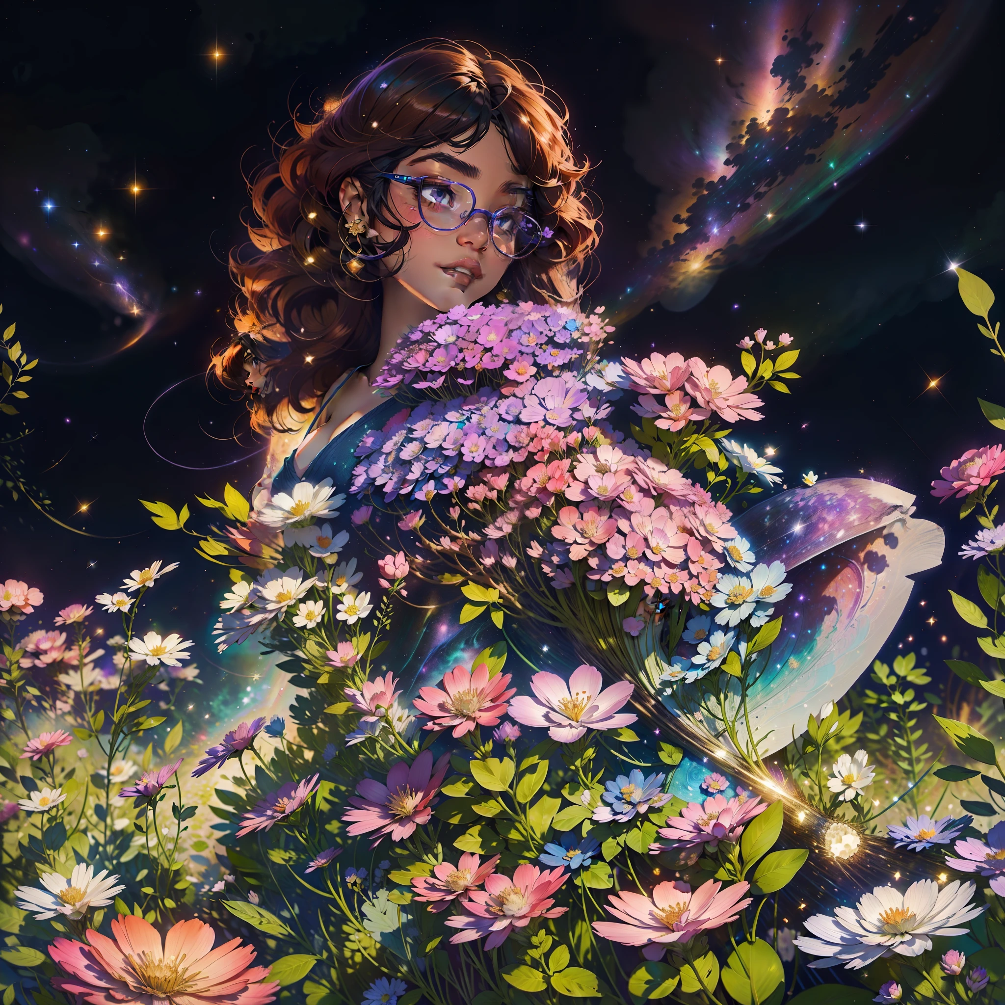 Under the starry sky, A brunette woman with curly hair walks in a magical clearing, where resplendent flowers rise from the ground with glowing petals in shades of violet, pink and electric blue. His gentle touch makes the flowers bloom even more, emanando um aroma doce e celestial. Cada passo seu deixa um rastro brilhante, leaving the impression that nature itself celebrates it with a spectacle of enchanting colors.