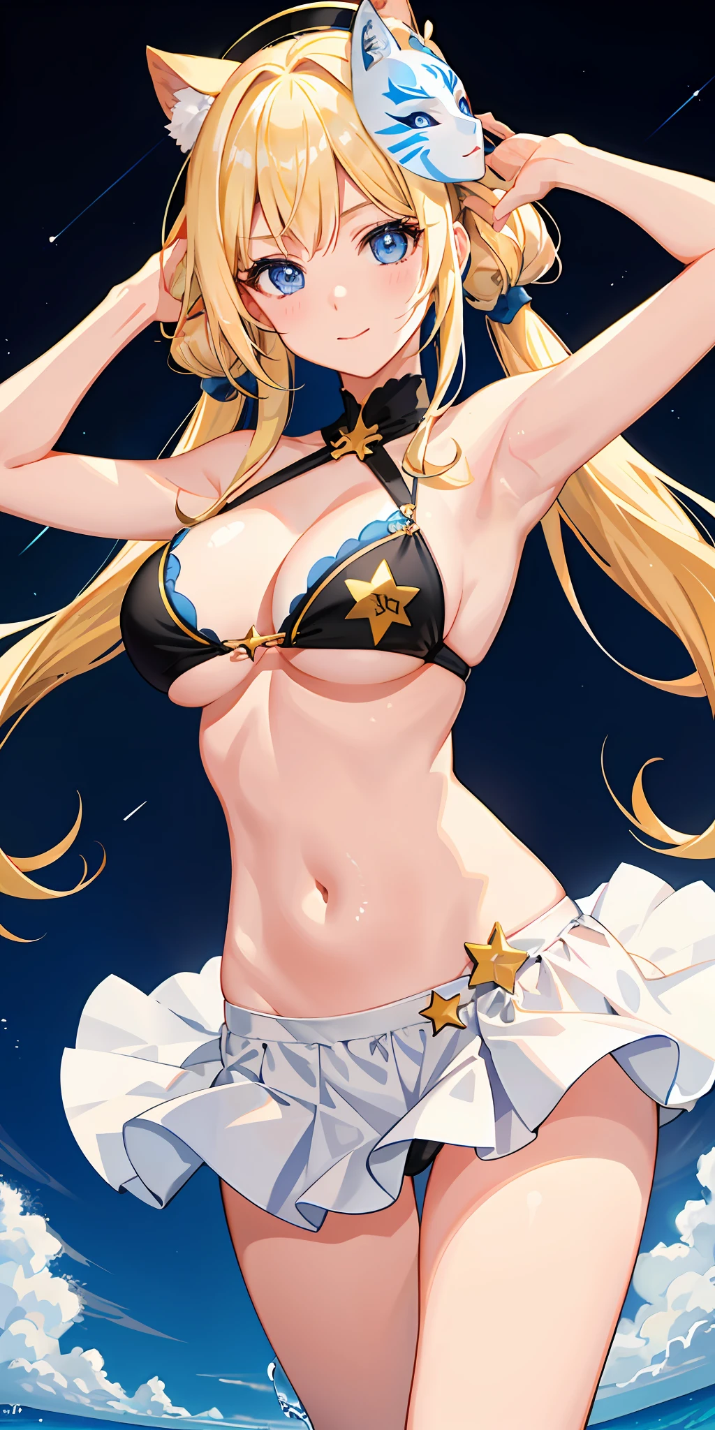 a 1girl、Bright、blond hair、Star motif、multicoloured hair、Blue eyes、Mask on the head、Sidelight、Particles of light、wallpapers、Big Boobs、Idol、bswimsuit、Loose fluffy、quiet
