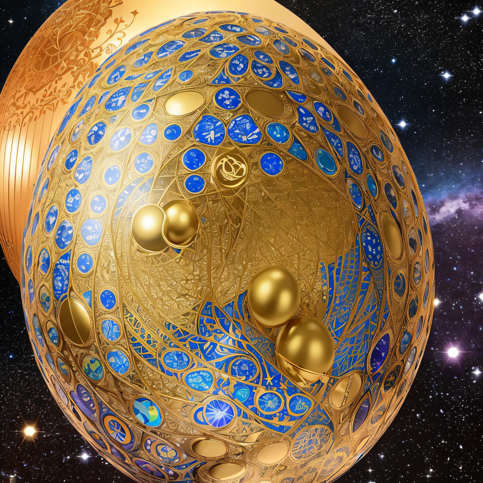 ultra high-detail。High dimensions。Extraterrestrial planets。Near the future。cosmic。Sacred geometric pattern。Realistic golden eggs。Shining iridescent aura。Glossy and intricate design。 --auto --s2