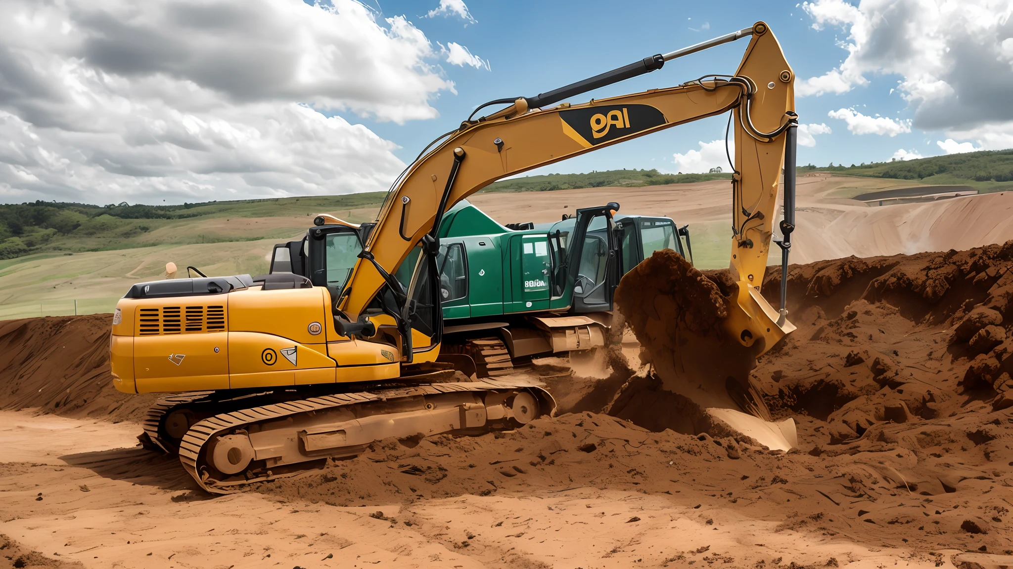 there is a yellow excavator that is on a dirt field, ground-quebra, maquinas pesadas, cavado stanat, digging, mining, inovador, construction, trabalhando duro, demolition, imagem do produto de alta qualidade", big shovel, Upload de alta qualidade, colocar 1 de 1 6, alta qualidade ", alta qualidade", inovador, modelagem, maintenance photo, posar, description