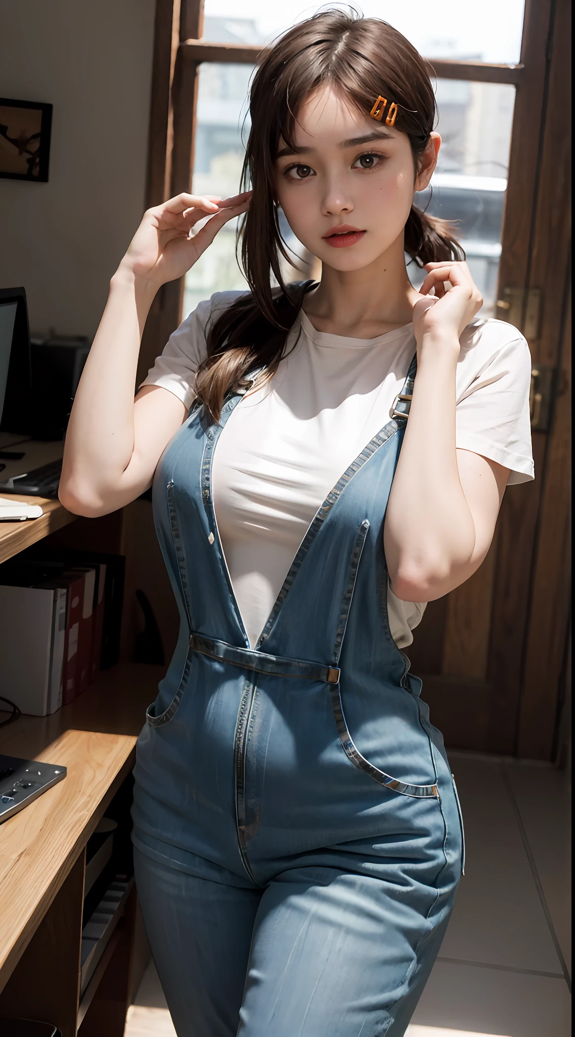 1 pretty girl,White skin,Brown Hair,Denim jumpsuit,WHITET-shirt underneath,stooped,long long hair,office,Brown eyes,realisti,Curvaceous pose,Large breasts
