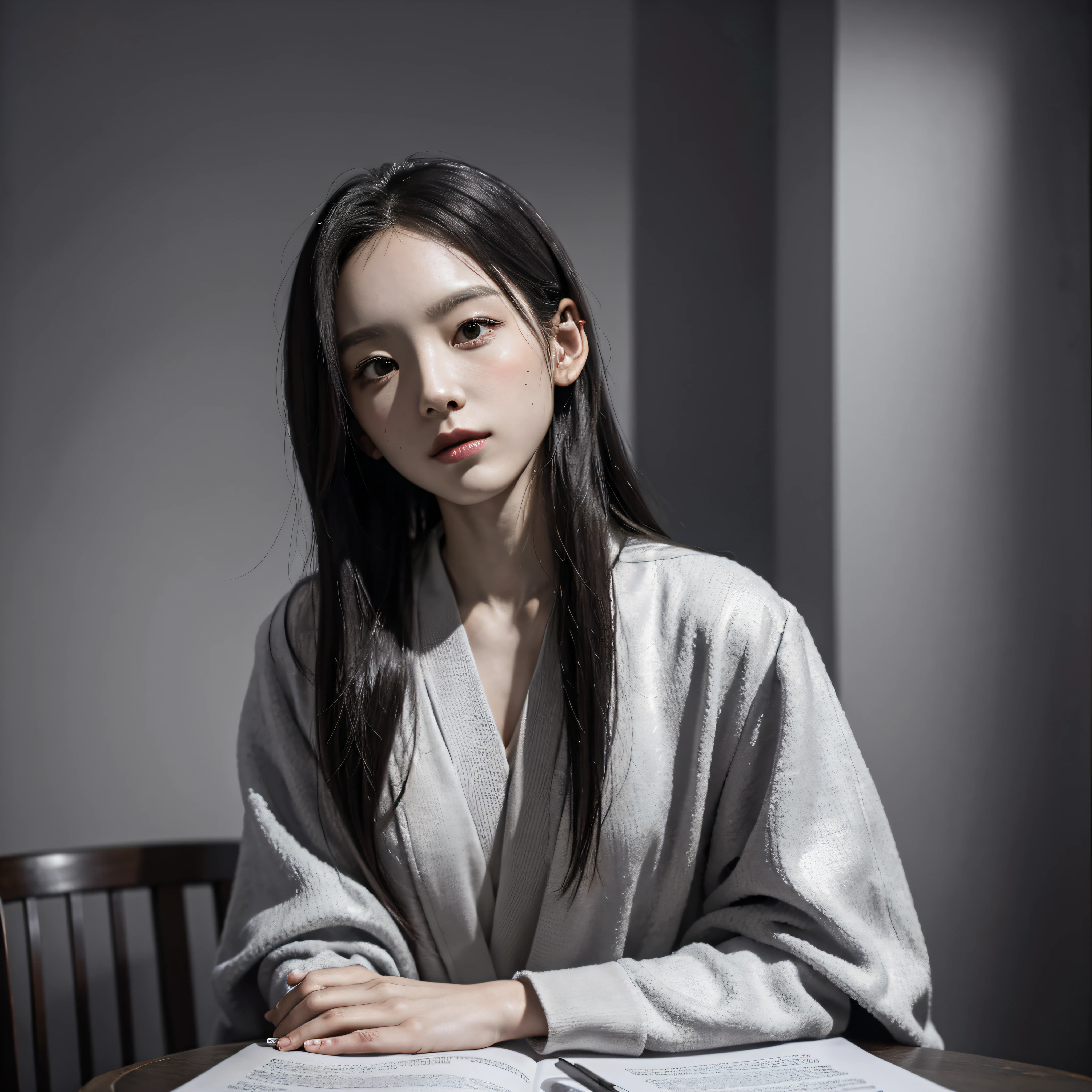 A stunning portrait depicting a writer donning a judge's robe with a passive pose. The overall color tint is dominated by neutral grey tones, accentuating the sophistication and elegance of the scene.