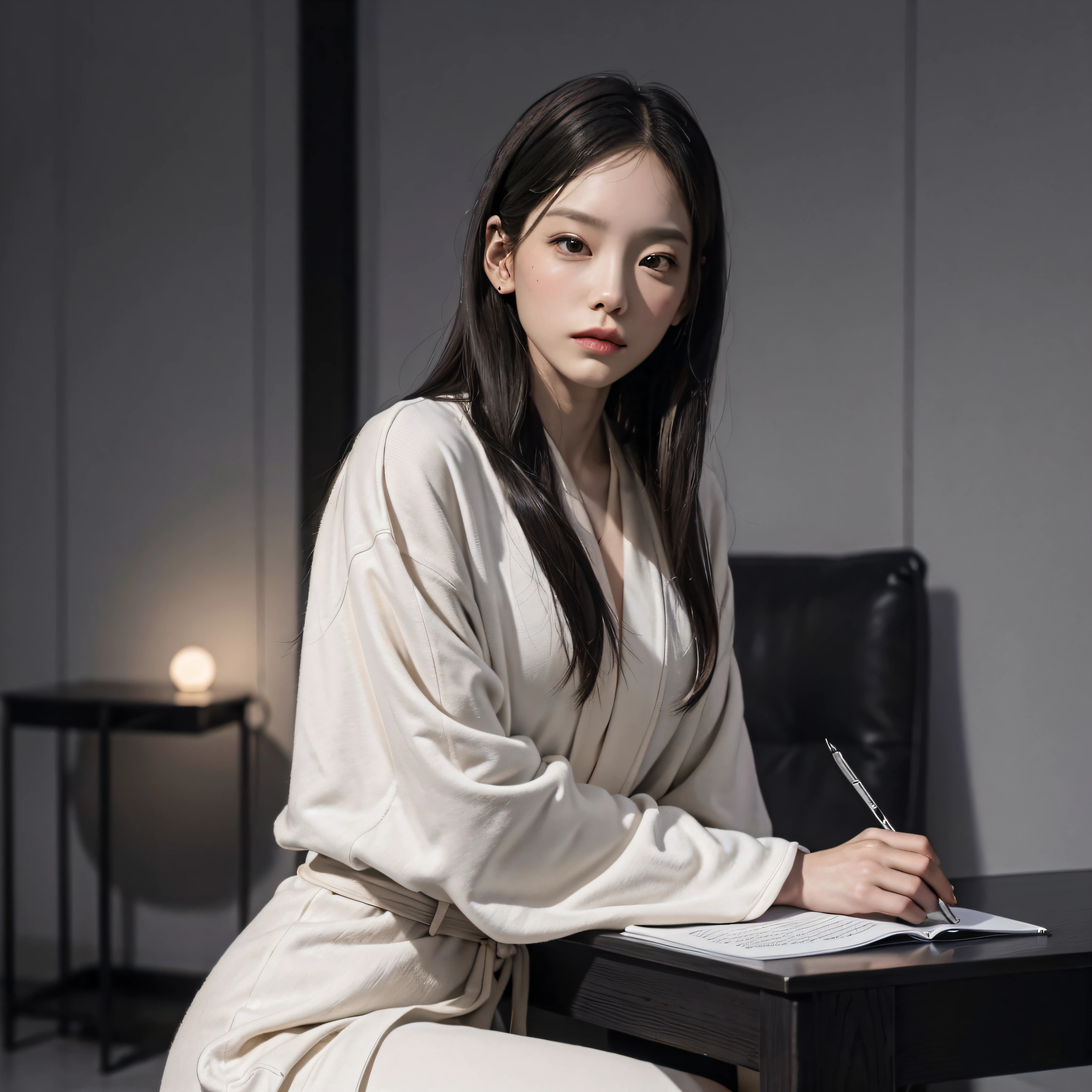 A stunning portrait depicting a writer donning a judge's robe with a passive pose. The overall color tint is dominated by neutral grey tones, accentuating the sophistication and elegance of the scene.