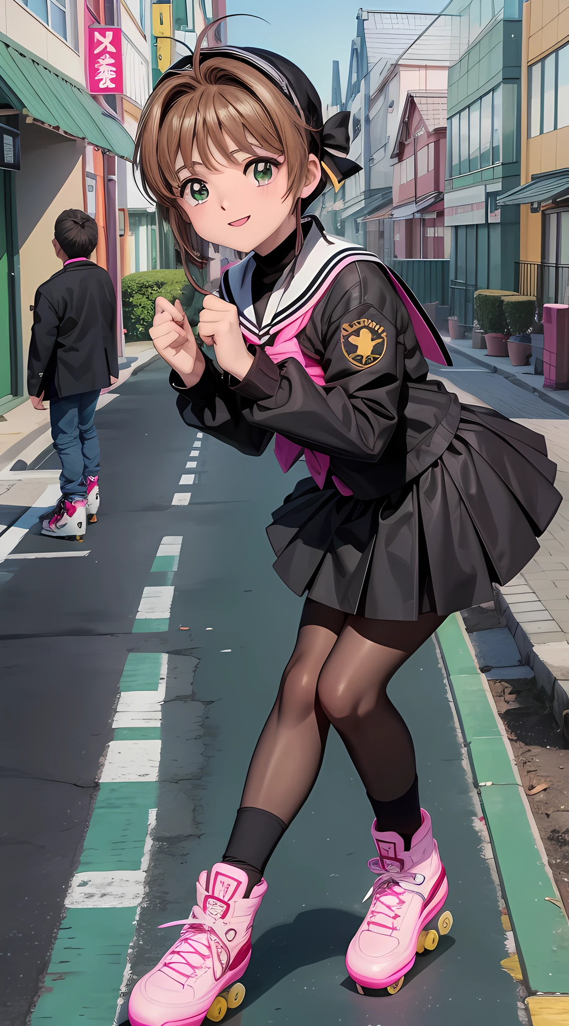 "obra prima, alta qualidade, Kinomoto Sakura, dia ensolarado,  happy expression, olhos verdes, Black Classic Black School Uniform, skating with his shock pink skates on the street of Japan  , (olhos e face perfeitos)