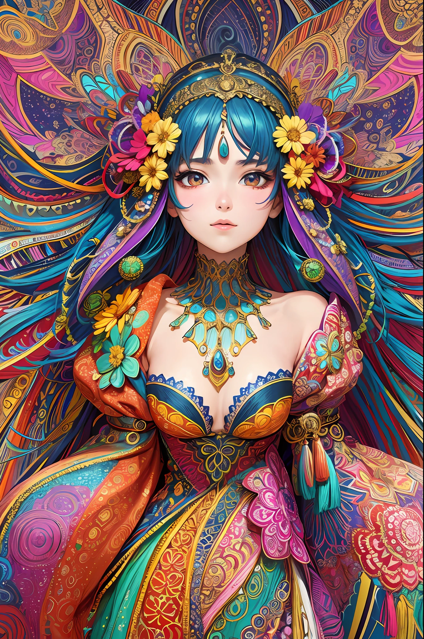 (MASTERPIECE,top quality,Bestquality,Official Art,Beauty and aesthetics:1.2),(1girl:1.3),RAWExtremely detailed,(fractal art:1.2),colorfully,Most detailed,(zentangle:1.2),(dynamic poses) , (Abstract background:1.5), (traditional costume:1.2), (Shiny skin), (many colors:1.4), upper Body,Delicate face