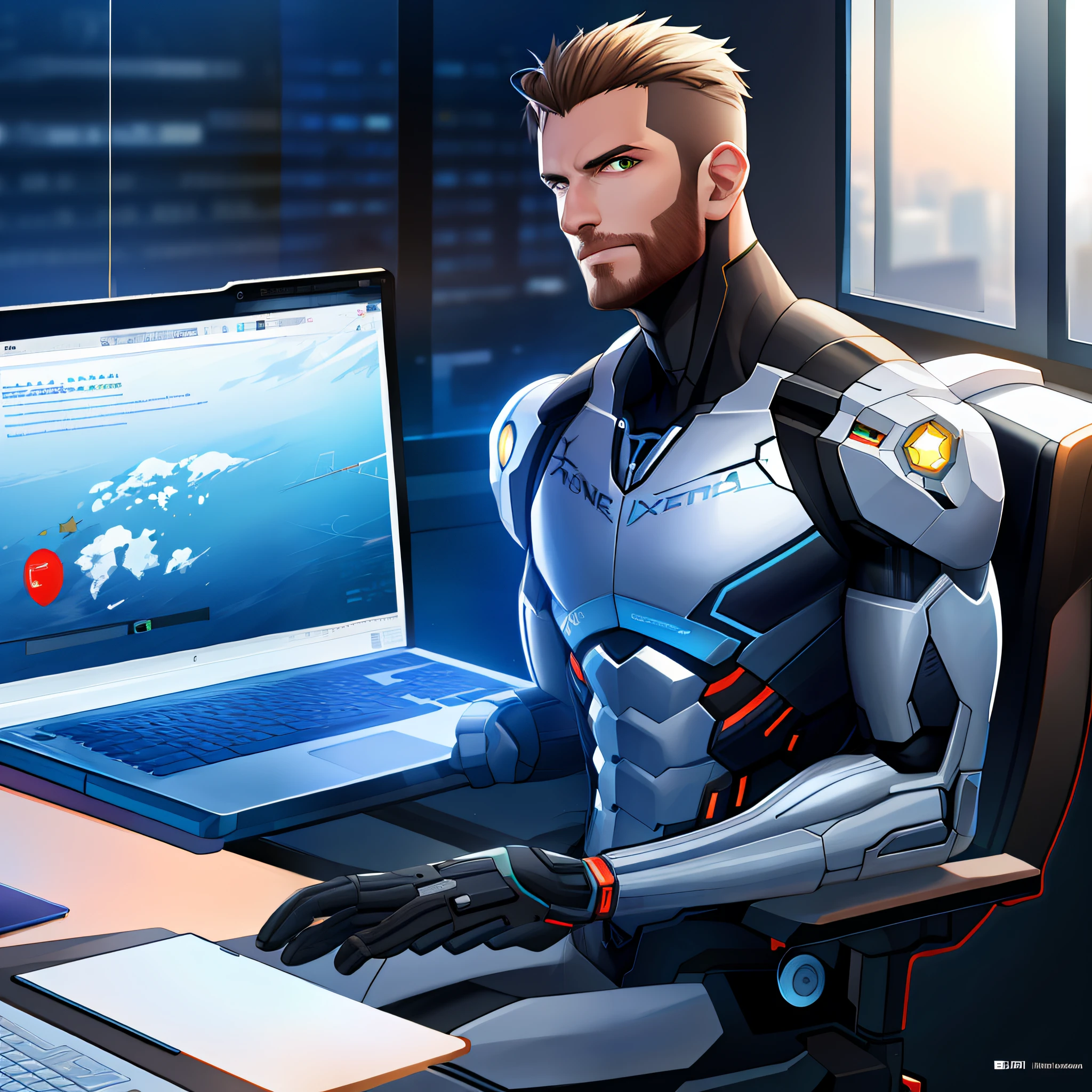 High-resolution poster, an ultra-realistic Cyborg sitting at an office desk using a laptop, na tela do notebook um mundo com as Siglas IA, CYBORG metade homem metade maquina