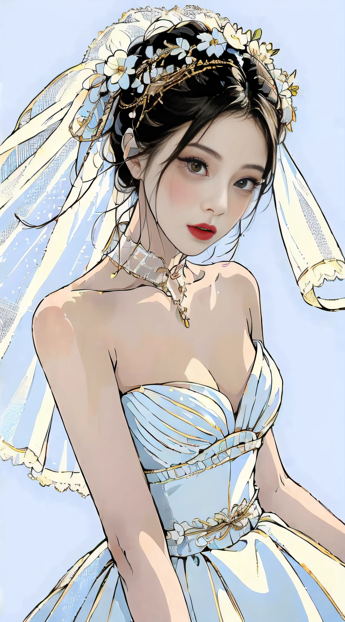 (1girl:1.3), solo,__body-parts__, Kim Ji-ni Jennie face,Wearing a wedding dress,Wear tulle on the head,sex appeal,cuteness,Long white wedding dress,Large skirt,whitebackground,looks at the viewer,World-weary face,Indifferent eyes,Korean style photo photo,Photographic lighting,Strong contrast,Sunlight on the face