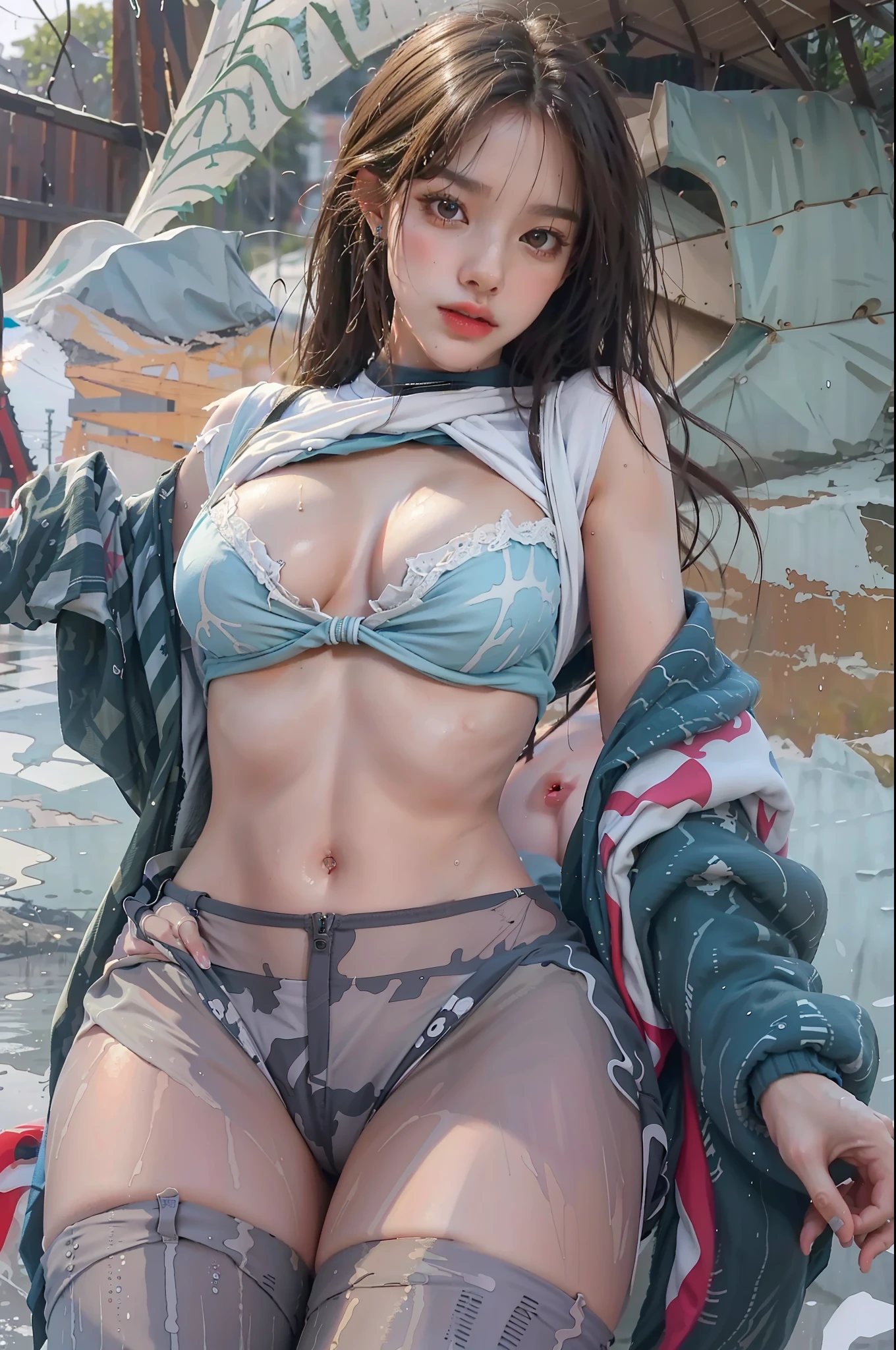 (Best quality, 4k, Masterpiece :1.3), pretty woman, 1girl, (breasts, attractive body :1.2), abs :1.1, dark brown hair: 1.1, (rainy wet, wet from rain, wet body :1.2), ultra-detailed face, detailed lips, detailed eyes, double eyelid