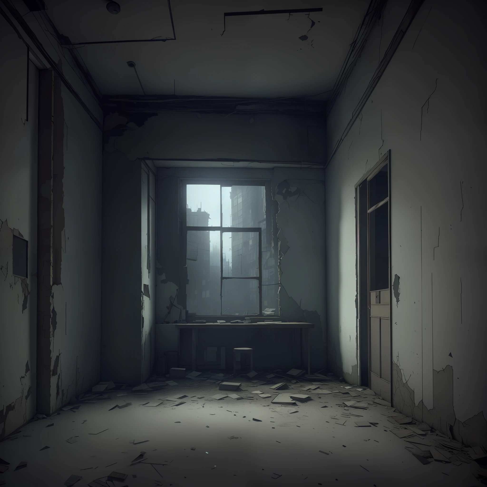arafed room with a window and a door in it, rendered in cryengine, in an abandoned office building, rendered in unrealengine, abandoned building, rendered in unreal engine 3, in a ruined cityscape, Unreal engine. retro film still, scenic dystopian environment, post apocalyptic view, rendered in unreal engine 4 k hq, rendered in unreal engine 4k hq