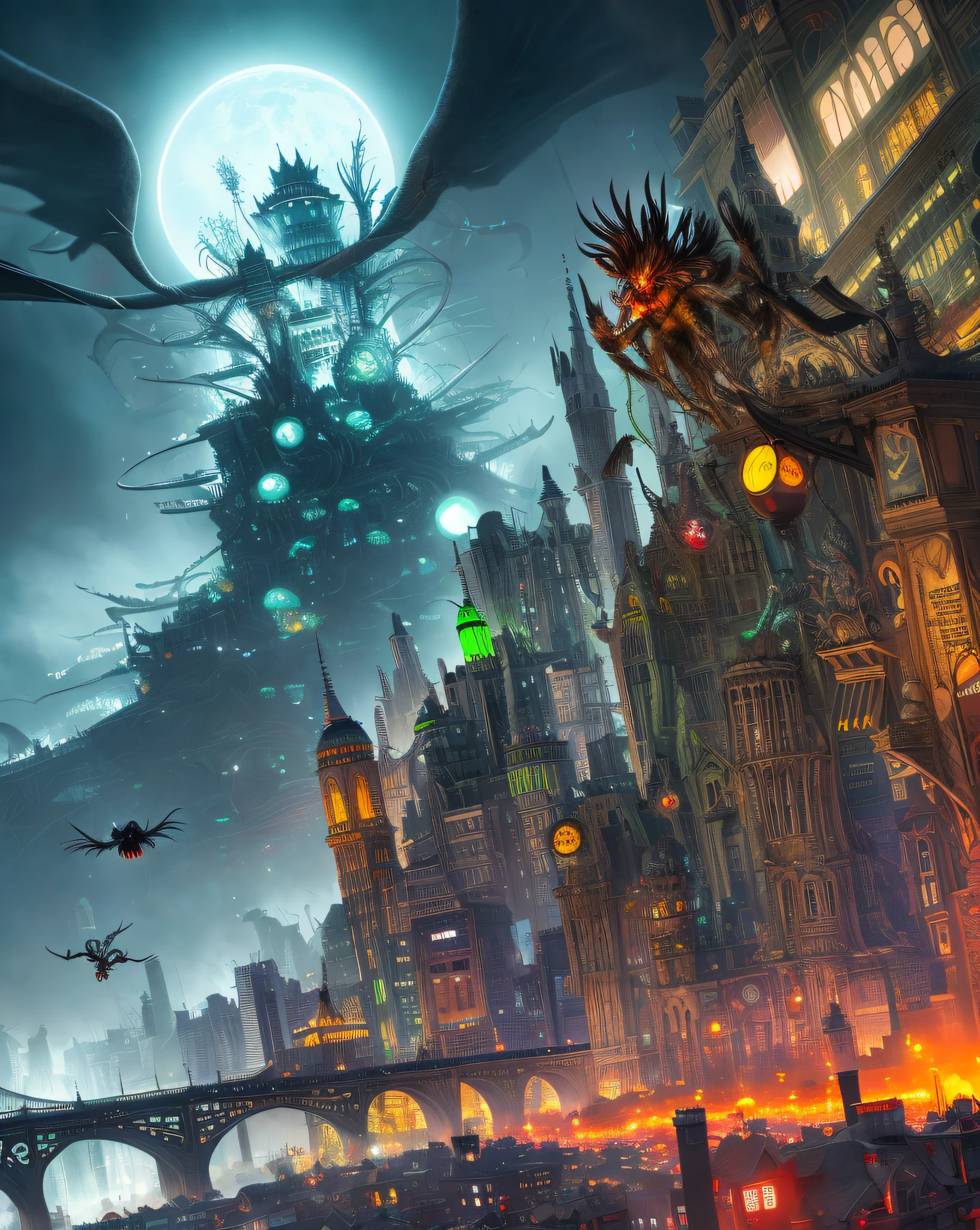 a giant spider and a city, poster art by Rube Goldberg, sharingan eyes, Wind and Cold themed, epic splash art, psychedelic art, , surrealism, crows, dollar, lightning, green lights, 4K