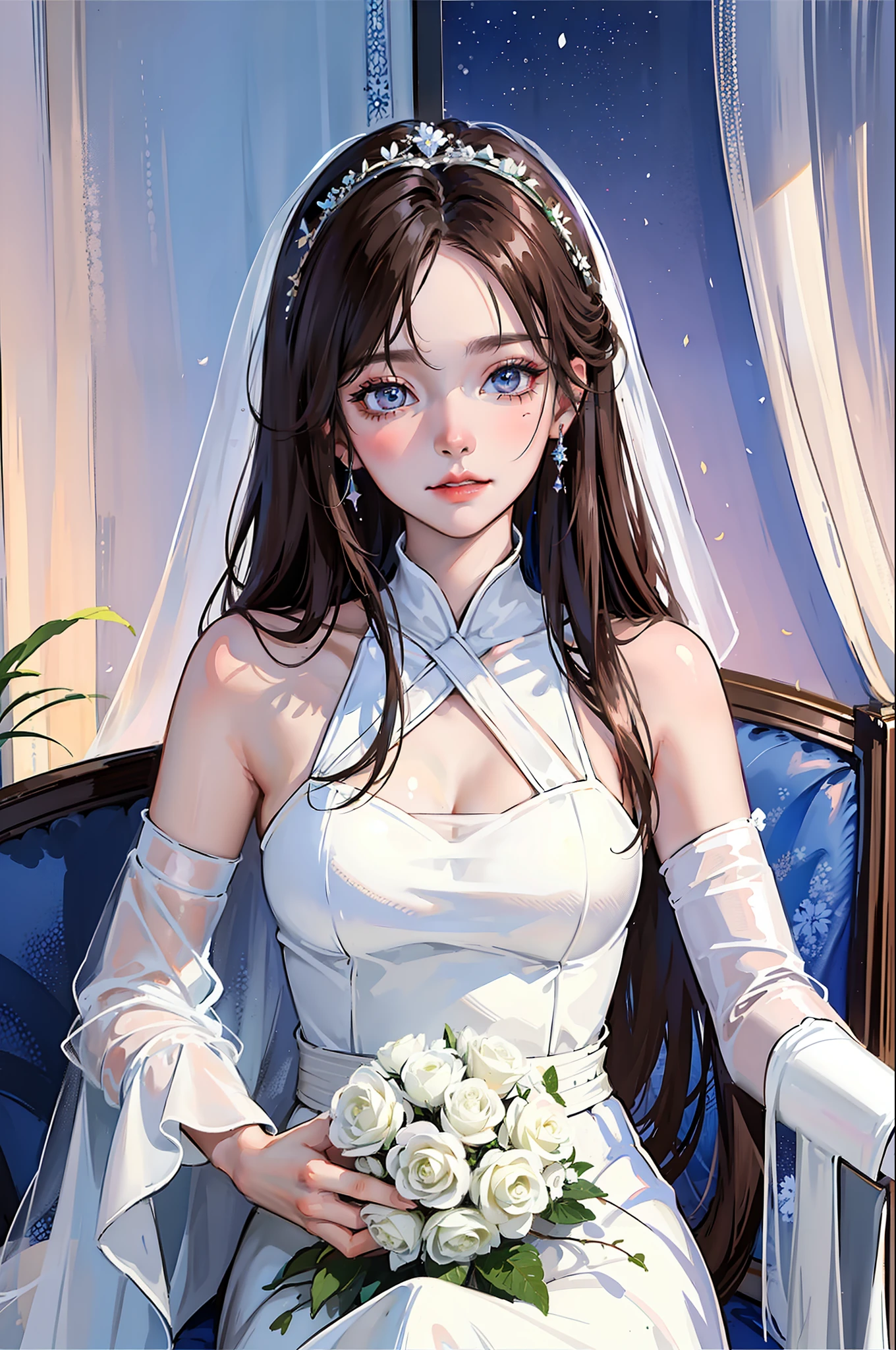 (A masterpie, bestquality, Highest grade, Official Art, aesthetic:1.2), (1girl:1.3), Straight long hair, brown Hair, Very fine, portrait, Watching the viewer, Seul, (fulllllbody:0.6), detailed background, crose up, Luminous eyes, Pale pink lips, soft lips, (Cold Arctic Winter theme:1. 1), wedding dress, bride, Beautiful smile, Mysterious, sitting in chair, White romantic long dress,Colorful bouquets of flowers, Jewelry curtain on background, Dark mystical lighting, shadows, Petals flutter, Starry Night, dutch angle