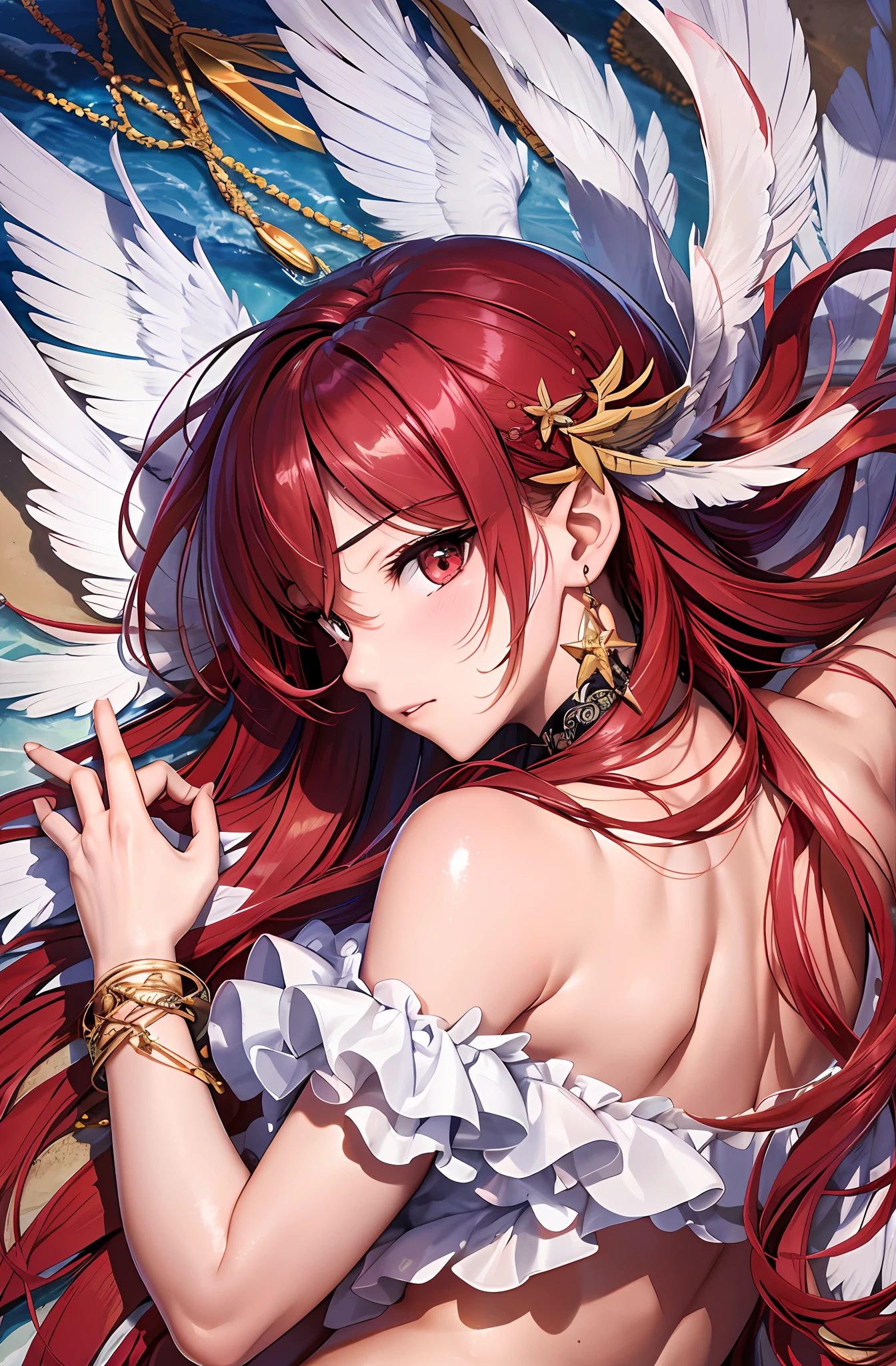 bestquality、Ultra High Res、(photorealistic:1 beauty girl.4 Beauty)、。charming face。Model Face。hair long。slender。beautiful detail、Red hair。Big Boobs。Large earrings。ear ring。Detailed details。vivid。realistic details。lifelike。。sand beach。ssea。naked,。Angel wings extending from the back。Shy face。embarrassed face。shyness。Shy profile。Blushing。Lie on your back on the ground。lie down。sleep。beach。Looking at the sky。Summer sunshine。wings on the back。feathers grown on the back,。Wings on the back。 hair long, navel out, Detached sleeves, Bare Shoulders, Central opening, cleavage between breasts, mid breasts, Hair clip with long feathers, hair ornamen,