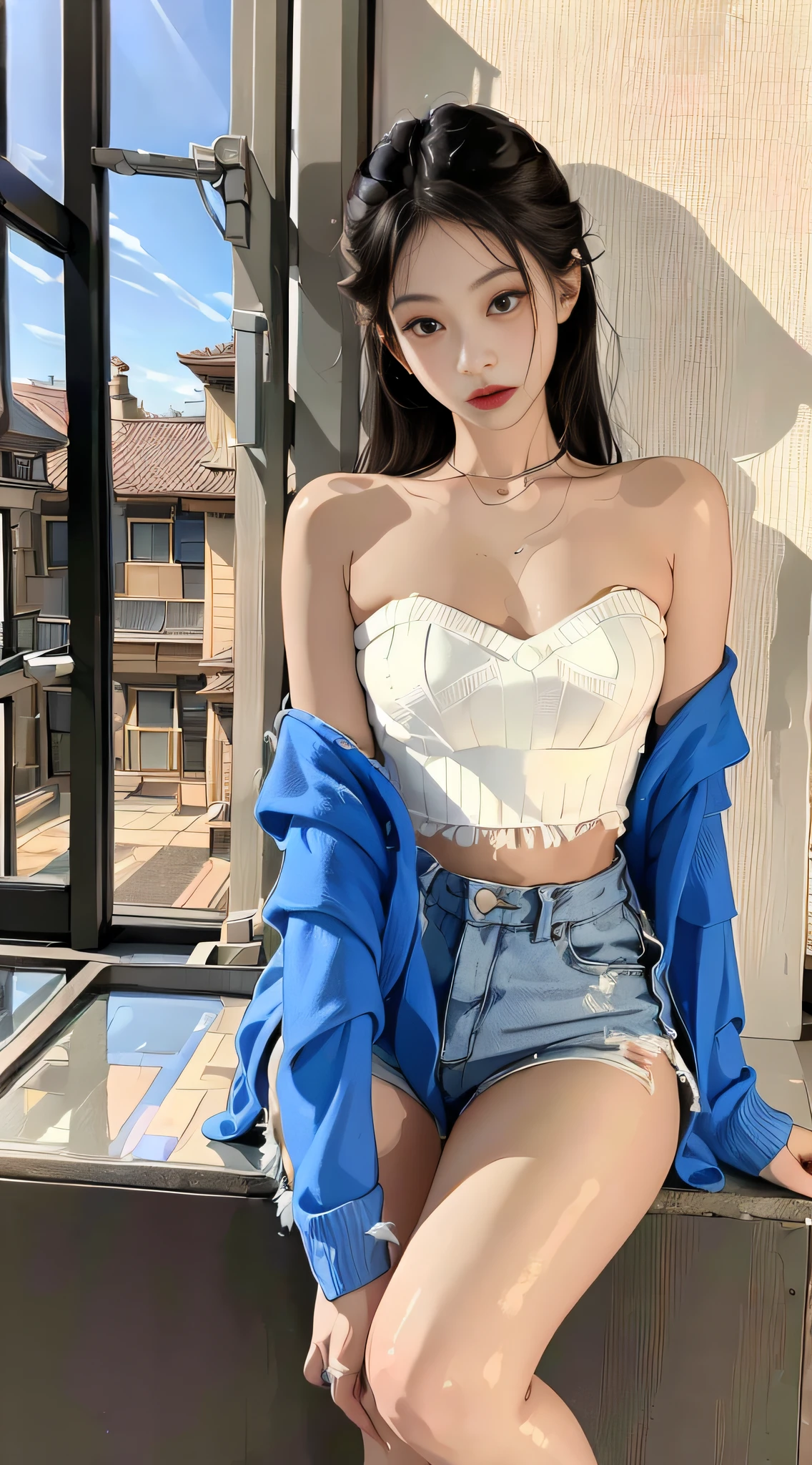 (1girl:1.3), Solo, _ Kim Ji-ni Jennie Face, wearing royal blue armband sweater, cropped style, white bandeau underneath, blue shorts, sexy, cute, white socks, background campus, full body photo, looking at the audience, world-weary face, indifferent eyes, Korean style photo photo, photographic lighting, strong contrast, sunlight on the face, world-weary face, high-end sense, 8k resolution image, intricate symmetrical details. Smooth action, full picture.