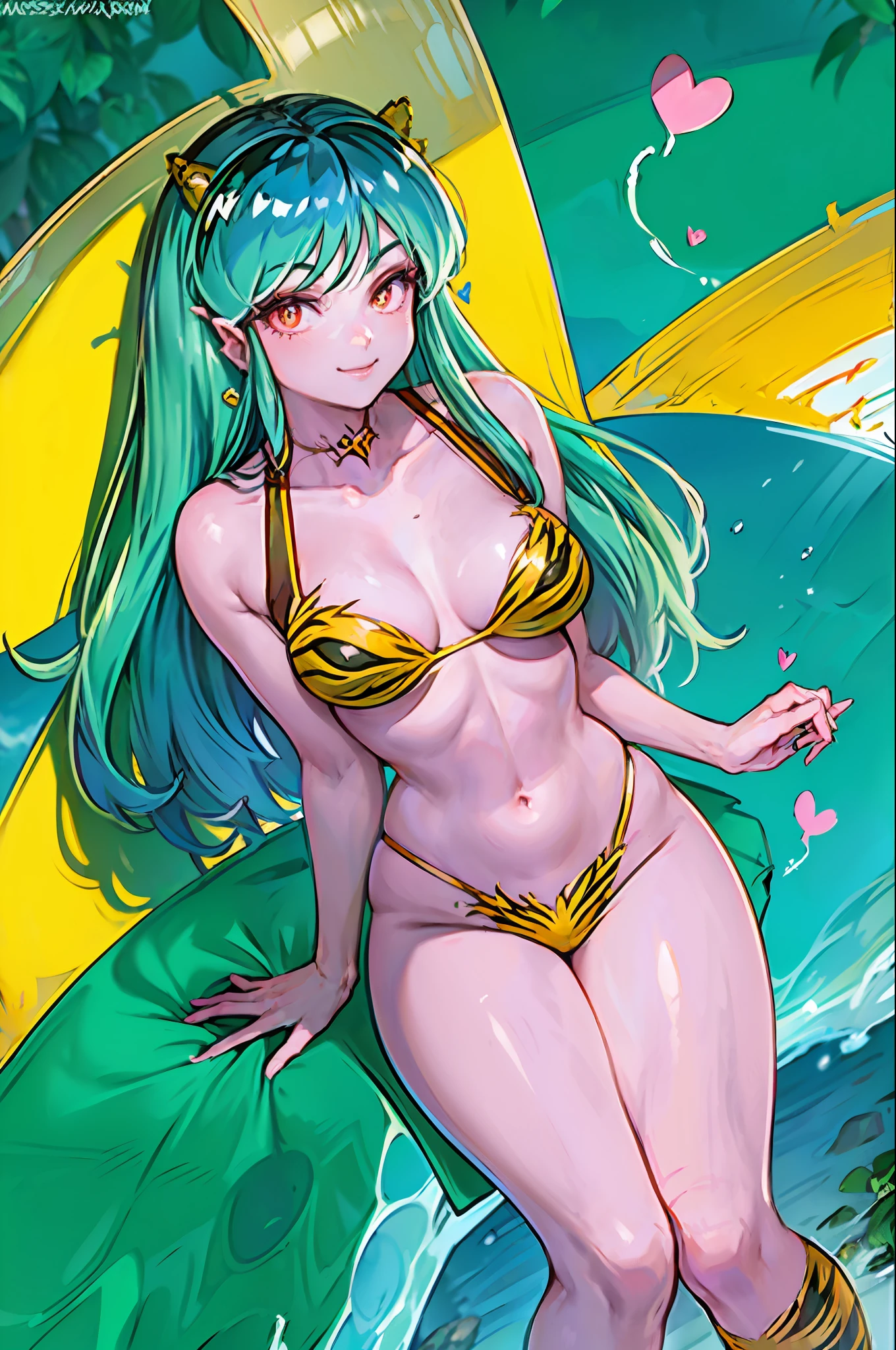 Masterpiece(Lum:1.1), 8k,(masterpiece:1.4)(best quality:1.4),(top quality), 1girl,(solo:1.2),smile,green hair, long hair,hair ornament,earrings,tiger striped bikini,beach, micro bikini,   (shiny skin), ((hearts shaped pupils: 1.3))