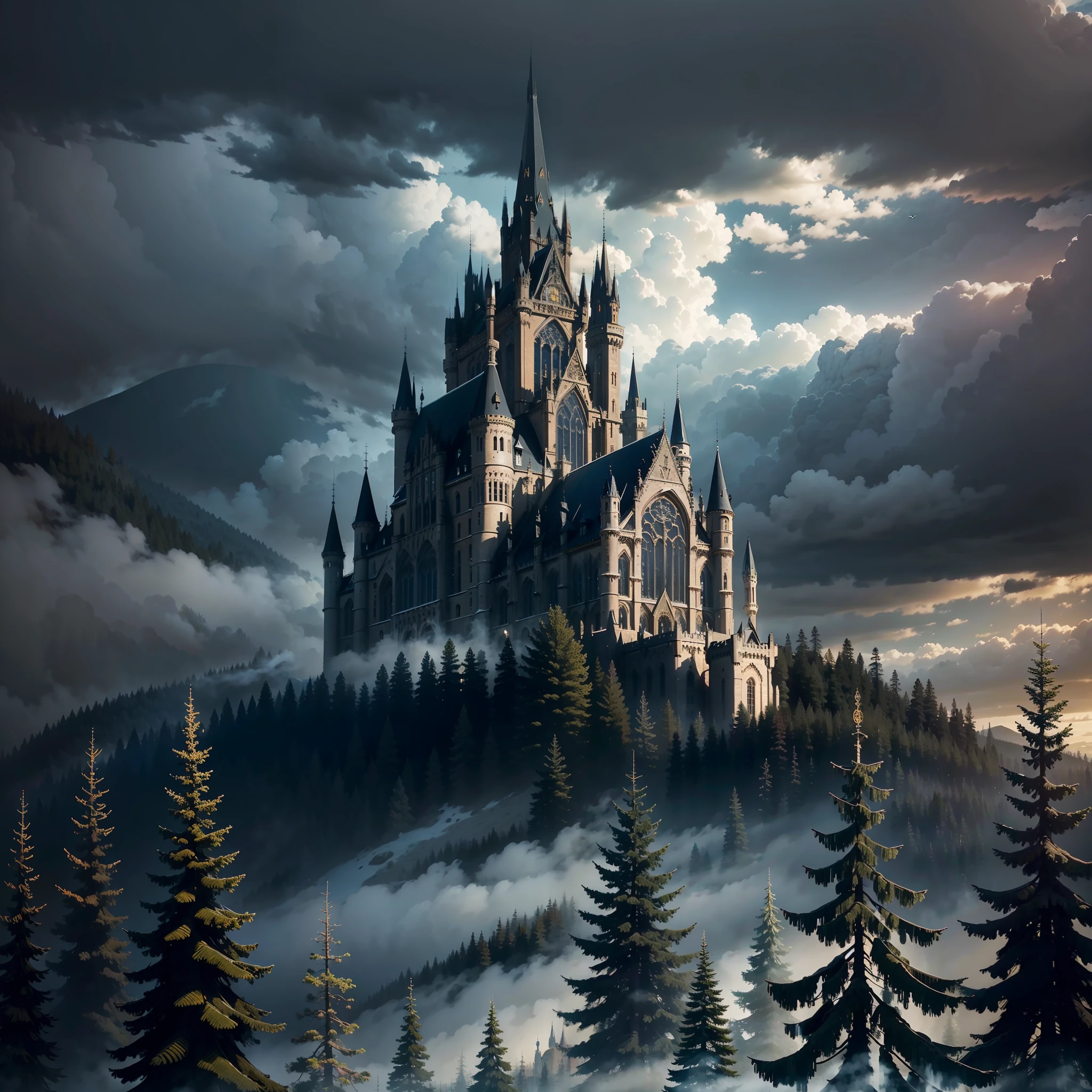 masterwork, Maximum granularity, Maximum clarity, Neo-Gothic architecture, Gothic castle on a hill, daytime, thick black clouds, dense spruce forest.