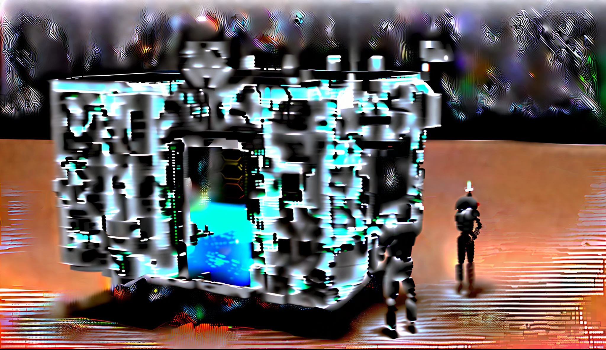 There was a man standing in front of a building,There is a robot on it, space station vore station, modular detailed, scifi space station, containment pod, modular, intricate machine in space, space station interior, background space station, futuristic outpost building, futuristic space station, detailed spaceship interior, room of a spacecraft, highly detailed model,RetroFuturismAI complicated device,metallic texture