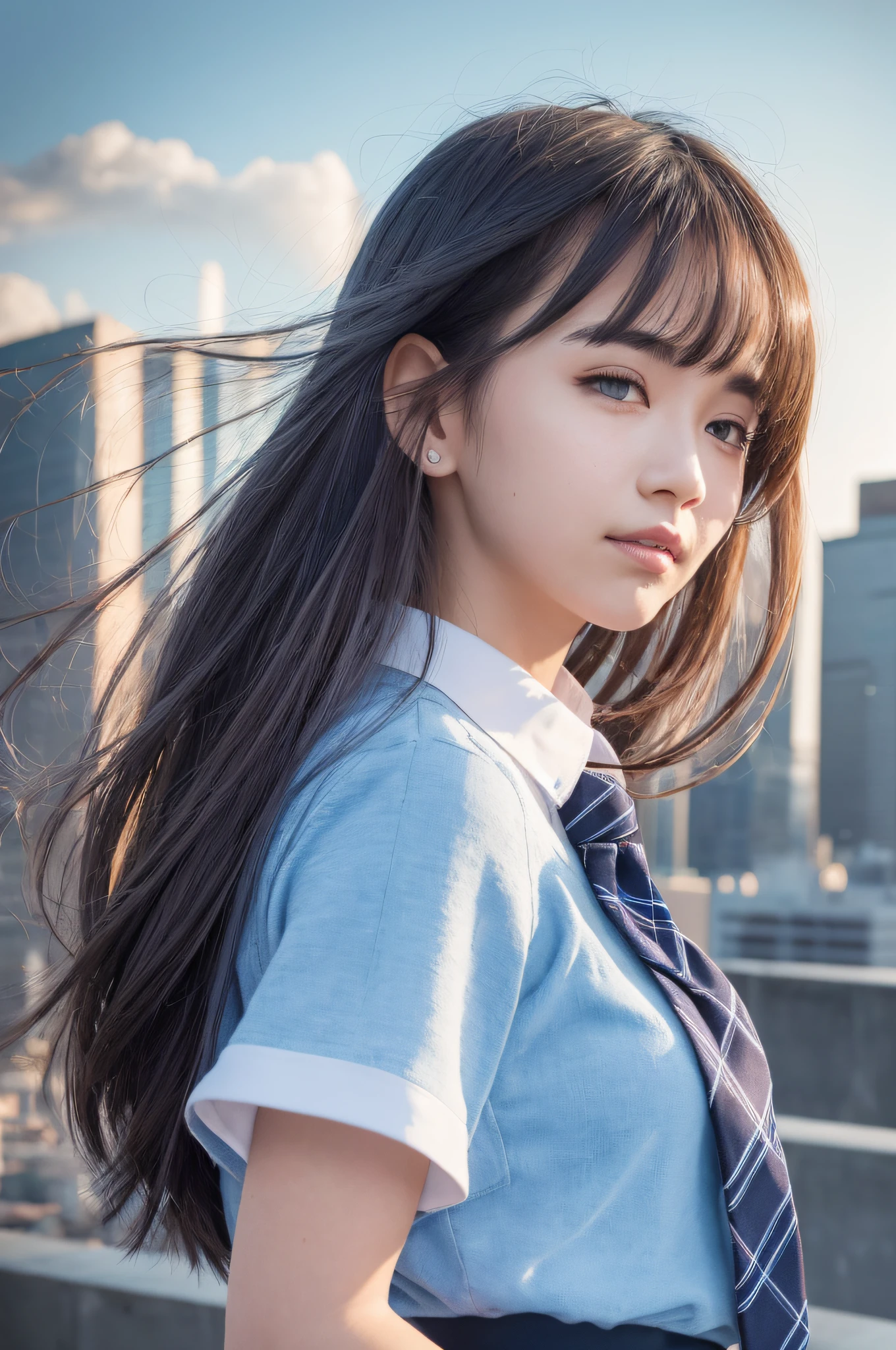 very smilimg,(best quality)++,(masterpiece)++,(ultra detailed)++,(highres)++,(8k portrait)++,production art,((Add layer)),upper body,from side,1girl,solo,cityscape, tokyo scenery,rooftop,noon,blue sky,(wind:1.2),delicate face,look far away,white fur ear,green eyes,short sleeve school uniform,silver blue striped tie,blue tartan skirt,hands on hips,stare into the distance,