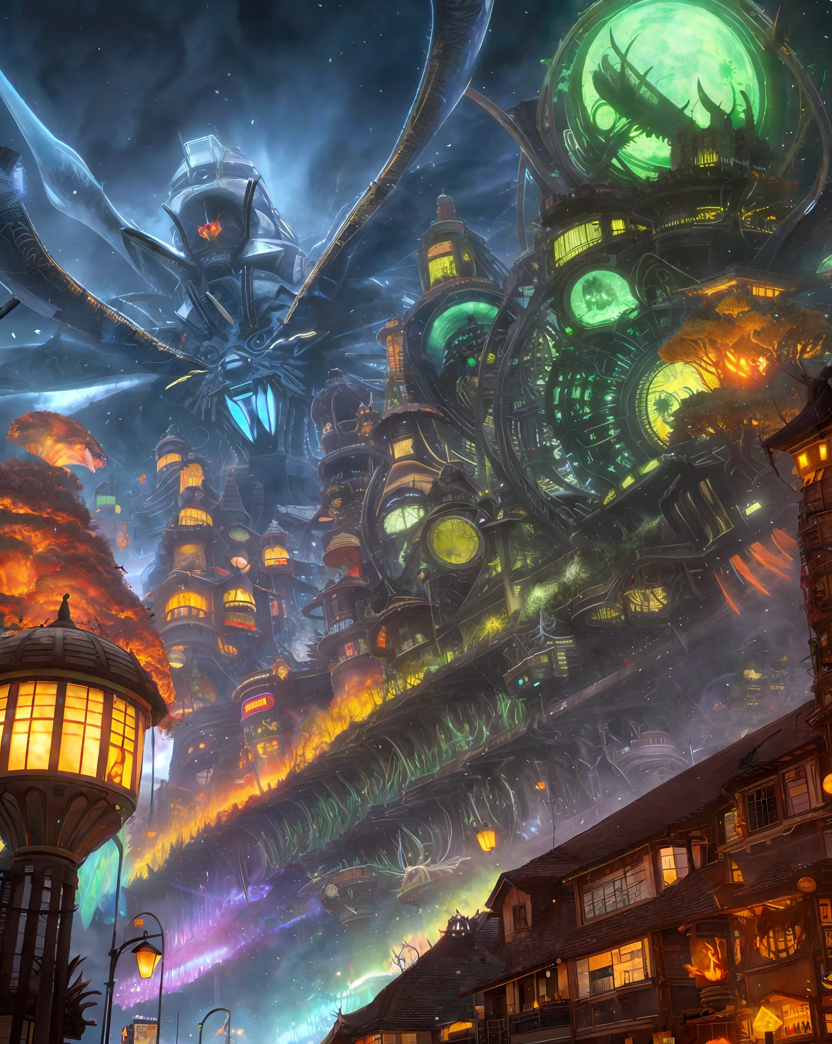 a giant spider and a city, poster art by Rube Goldberg, sharingan eyes, Wind and Cold themed, epic splash art, psychedelic art, , surrealism, crows, dollar, lightning, green lights, 4K