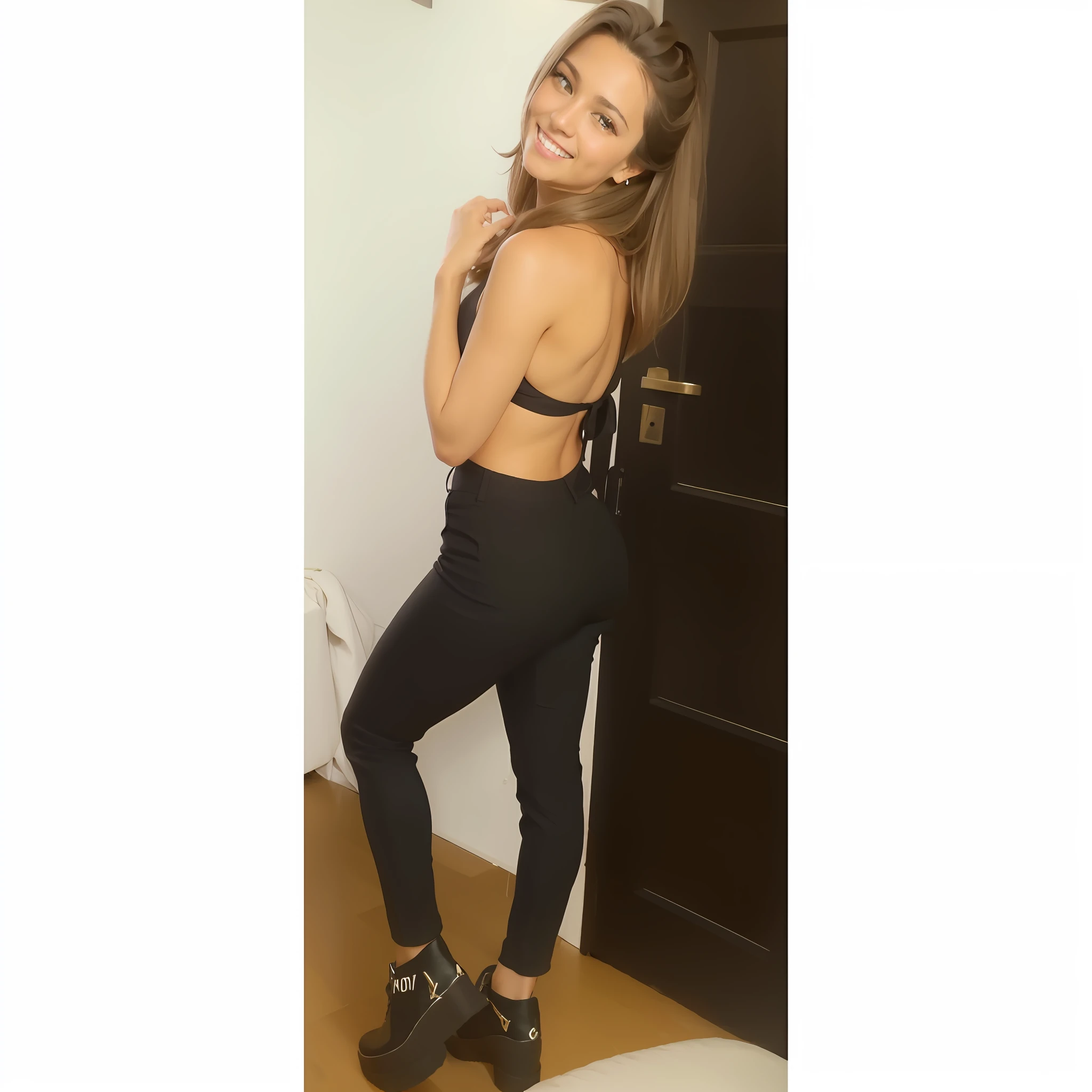 Hay una mujer con un top negro y pantalones negros posando para una foto, look sexy, cuerpo completo!!!, Vestimenta ajustada, stuning, 20yo, 2 0 yo, cuerpo completo!, cuerpo completo!!, adriana dxim, 1 8 yo, muy definido, ayahausca, bautiful, hermoso, hermosol