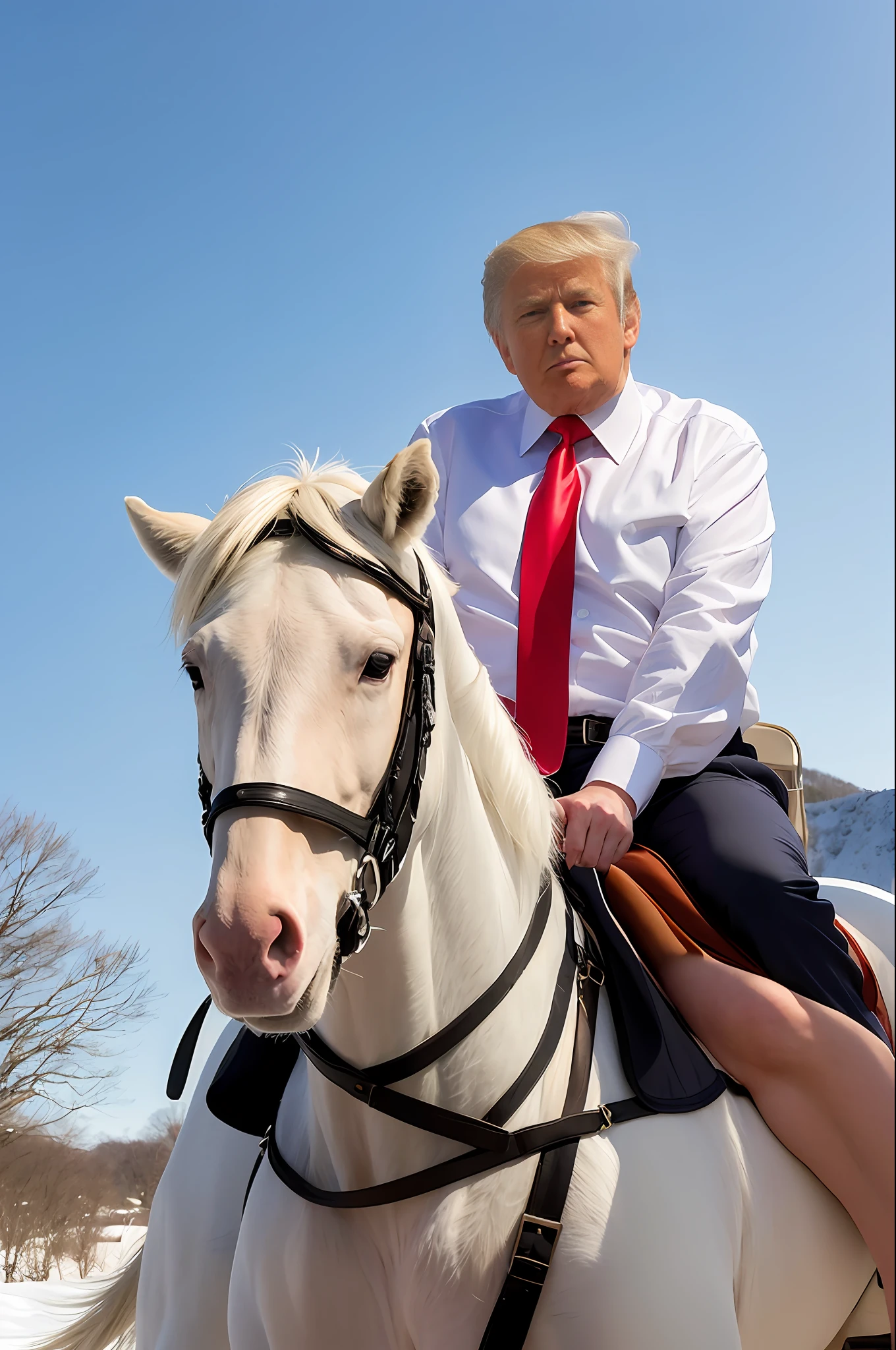 ((Best quality, high-resolution, masterpiece)), envision a powerful scene of former president Donald Trump confidently riding atop a majestic white stallion down a snow-covered road.