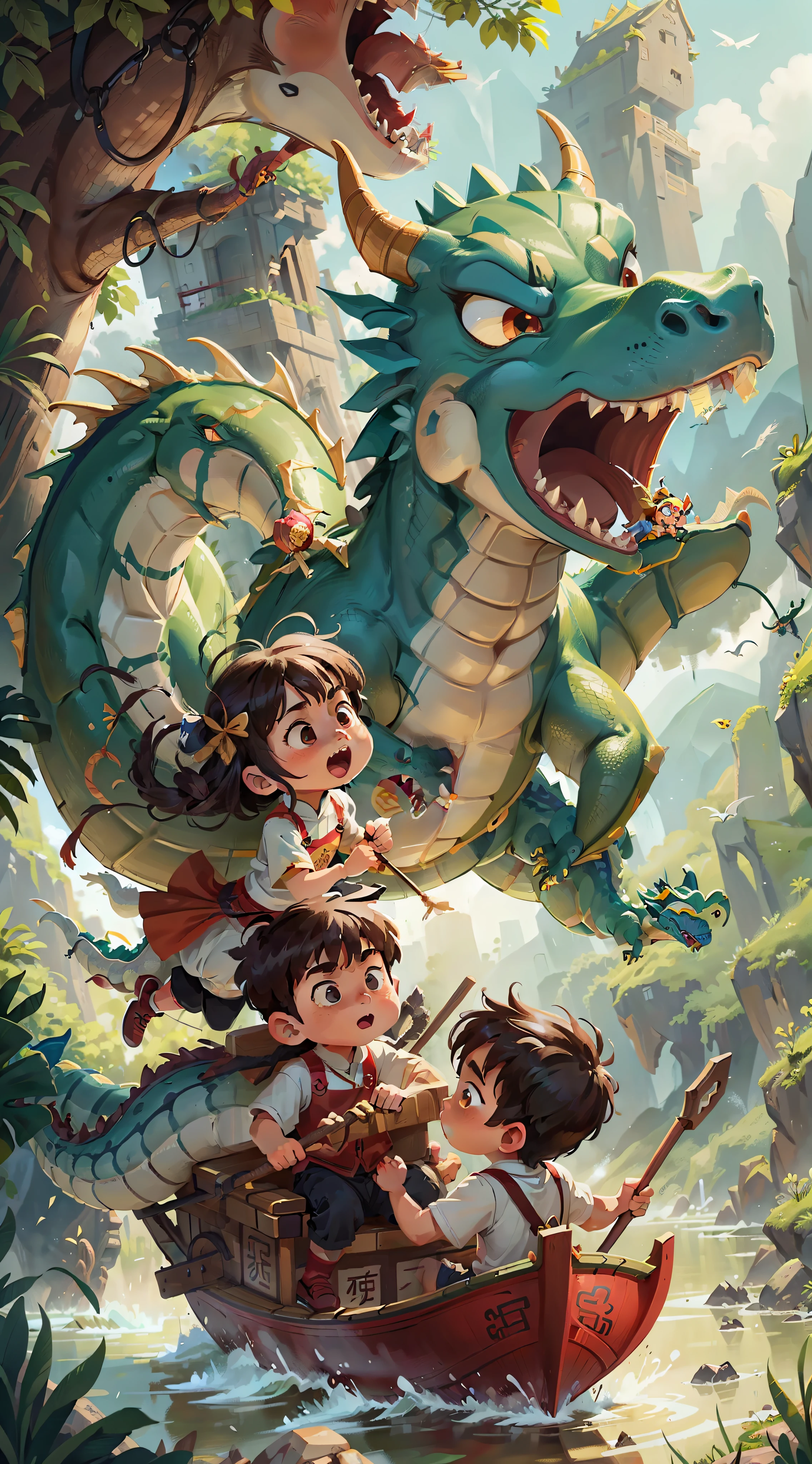 ((Behind the kids,A majestic and domineering one,A dragon leaping into the air is the background of the entire painting)),the Dragon Boat Festival,A traditional Chinese festival,(In the center of the picture is a dragon boat),(On the dragon boat sat several ancient Chinese boys and girls),(Several ancient Chinese boys and girls),