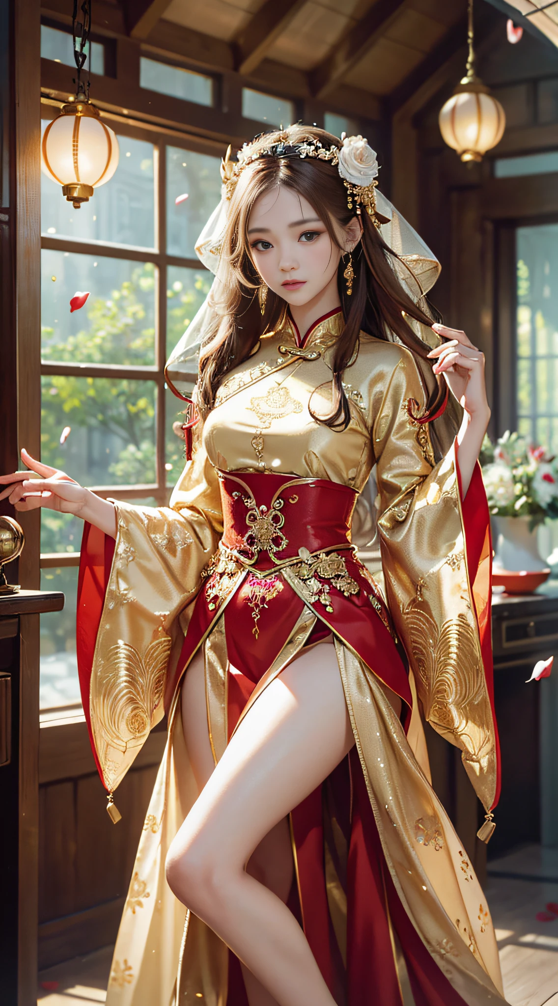 best quality, masterpiece, highres, (exquisite body:1.5),gorgeous face,(milky skin:1.3),intricate details,high resolution,wallpaper,
1girl, solo, dress, hair ornament, (((gold and red dress))), flowers, long hair, brown hair, closed mouth, jewelry, long sleeves, hand up, wide sleeves, big eyes,floating hair, chinese clothes, hanfu, embroidery, long skirt, natural pose, falling petals, indoor,fanning, lantern,
16K,HDR,highres,depth field,(film grain:1.1),boken,golden hour,(lens flare),vignette,rainbowing,(color grading:1.5)