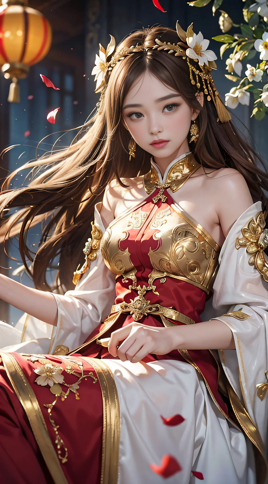 best quality, masterpiece, highres, (exquisite body:1.5),gorgeous face,(milky skin:1.3),intricate details,high resolution,wallpaper,
1girl, solo, dress, hair ornament, (((gold and red dress))), flowers, long hair, brown hair, closed mouth, jewelry, long sleeves, hand up, wide sleeves, big eyes,floating hair, chinese clothes, hanfu, embroidery, long skirt, natural pose, falling petals, indoor,fanning, lantern,
16K,HDR,highres,depth field,(film grain:1.1),boken,golden hour,(lens flare),vignette,rainbowing,(color grading:1.5)