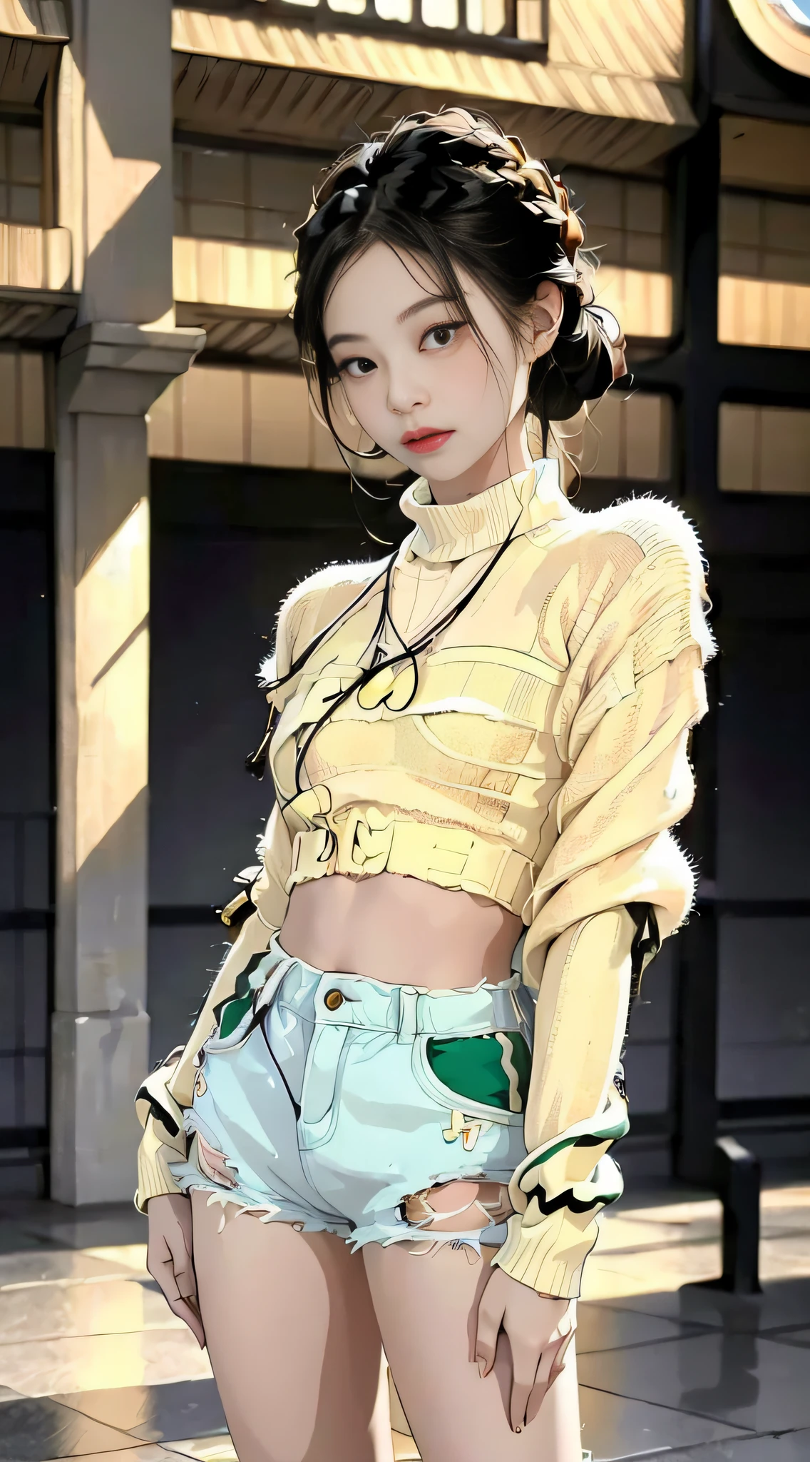 (1girl:1.3), solo,_ Kim Ji-ni Jennie face, wearing yellow armband sweater, cropped style, white bandeau underneath, pale green shorts, sexy, cute, white socks, background campus, full body photo, looking at the audience, world-weary face, cold eyes, Korean style photo photos, photographic lighting, strong contrast, sunlight on the face, world-weary face, high-end sense, 8k resolution image, intricate symmetry details. Smooth action, full picture.
