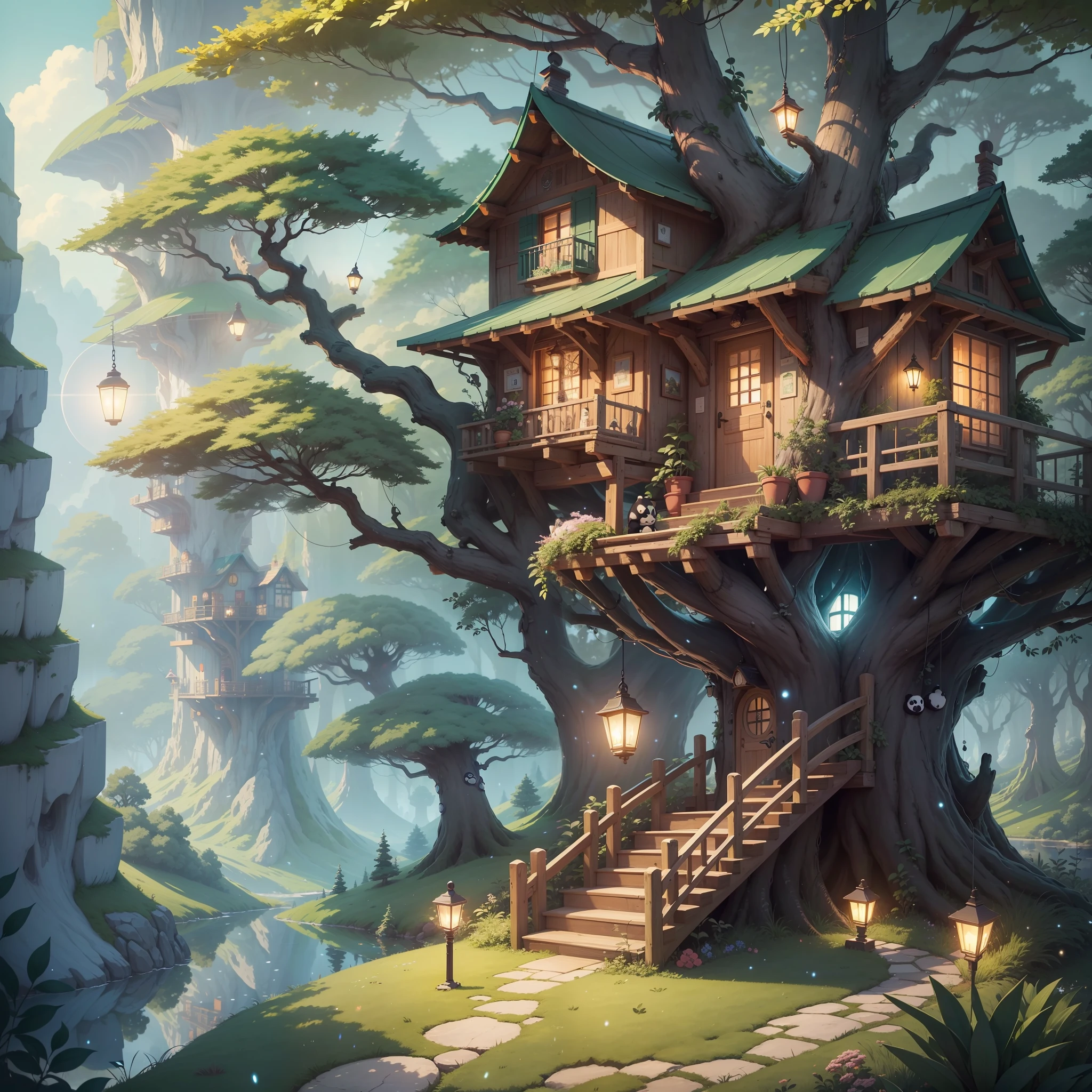 Um panda com um moletom fofo e fones de ouvido Studio Ghibli-style in a fantastic setting, hipnotizantes raios de sol refletindo na grama, a treehouse and strands of lights filling the sky with glow, vivid colors and subtle details.