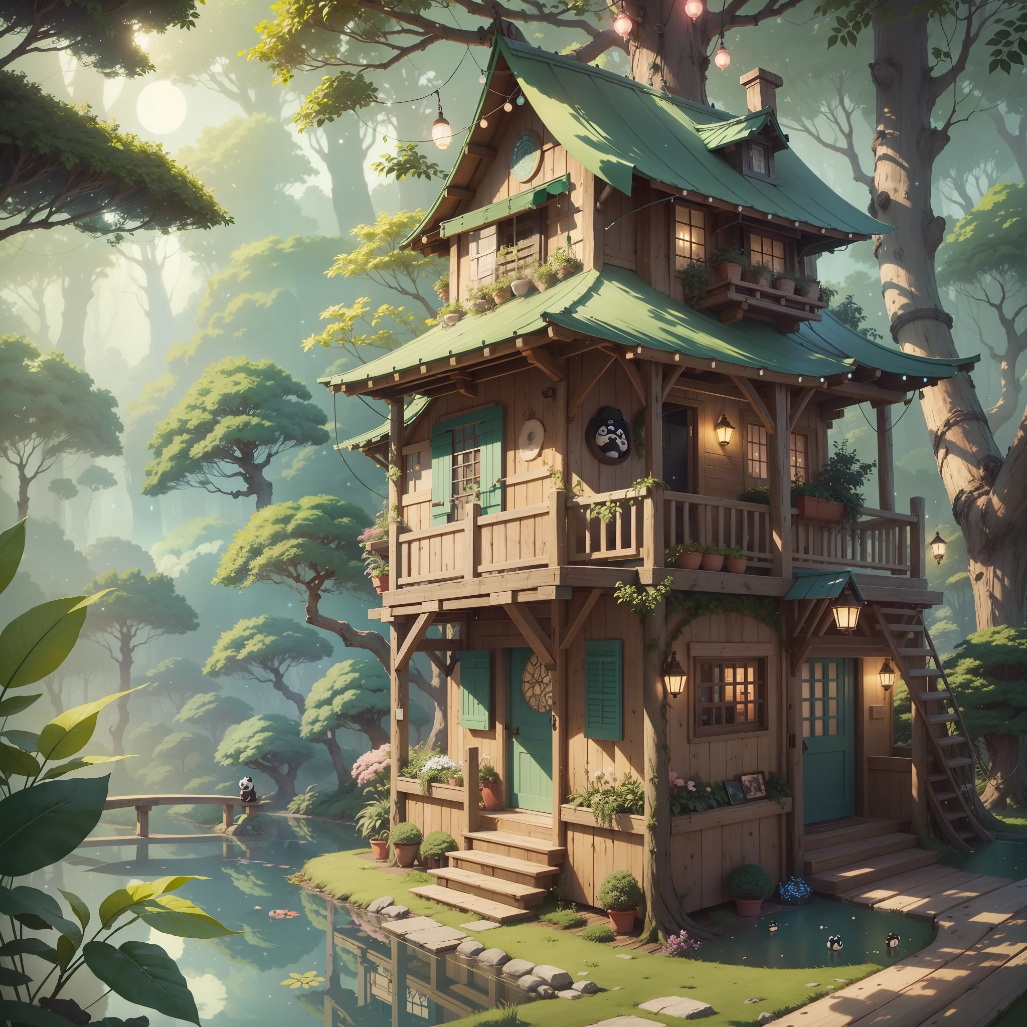 Um panda com um moletom fofo e fones de ouvido Studio Ghibli-style in a fantastic setting, hipnotizantes raios de sol refletindo na grama, a treehouse and strands of lights filling the sky with glow, vivid colors and subtle details.
