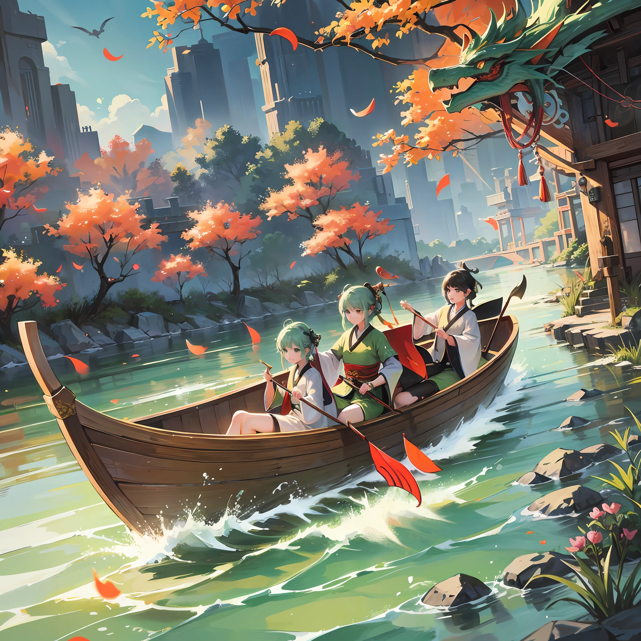 the Dragon Boat Festival,Festivals in China,Several super happy cute ancient Chinese boys and girls,Paddling the boat,There is a cute dragon behind him,reed,bright lighting,Pale green and yellowish tones,hyper realism,Clear contour light,rim light,Fantastical,Speckled light,plane illustration,Disney style,8k -- ar 3:4 -- niji 5 --auto --s2