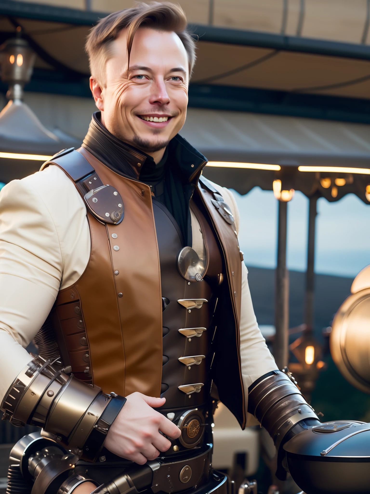 Elon Musk in the steampunk at the party, he was on a barbecue, barbecue grill, happy smile, beige leather, super fine, super sharp, long russet hair braided, 8k, (very detailed: 1.5), full body photo, 20 megapixels, canon eos r3, delicate skin, fking_cinema_v2